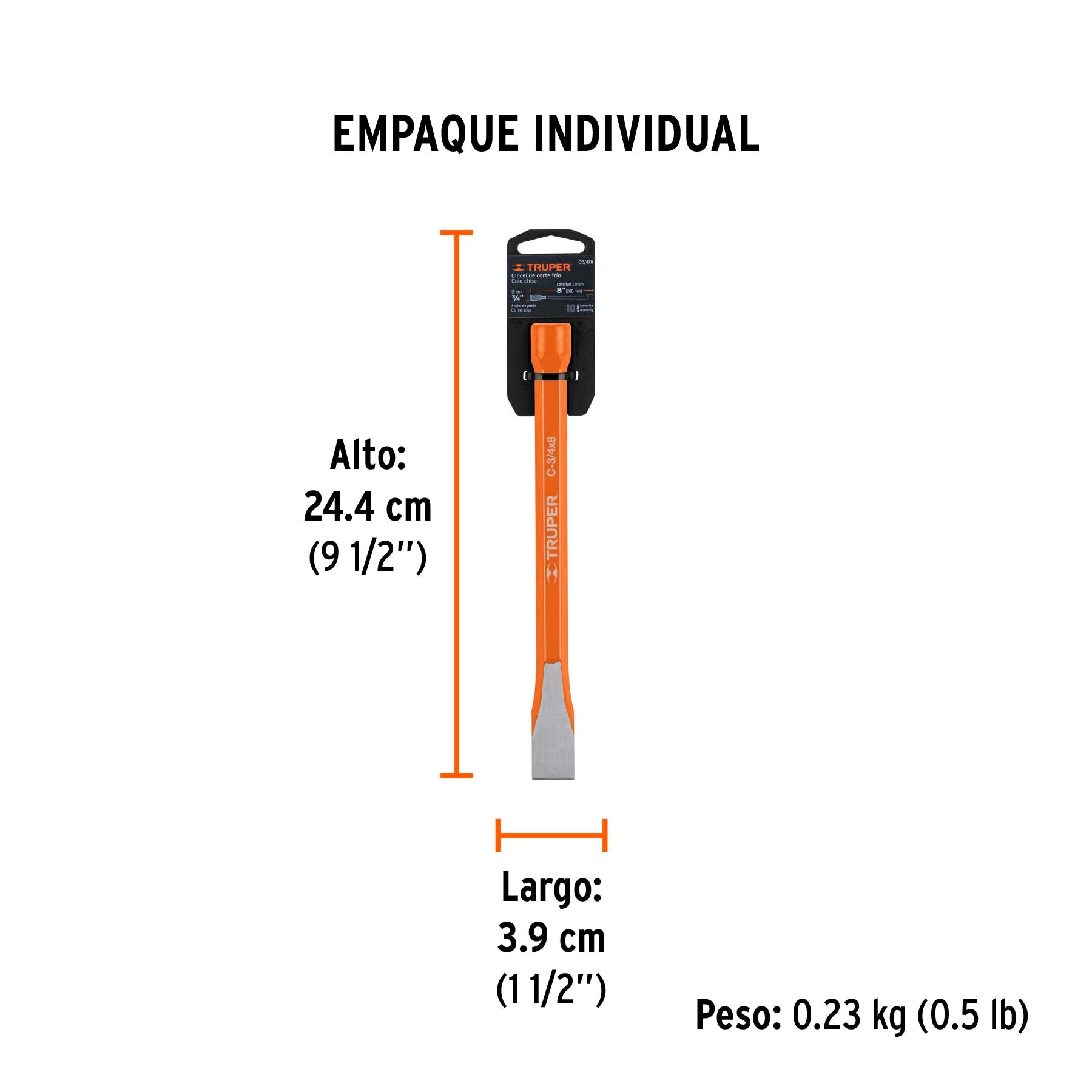 Cincel de corte frío de 3/4 X 8", TRUPER - Empaque