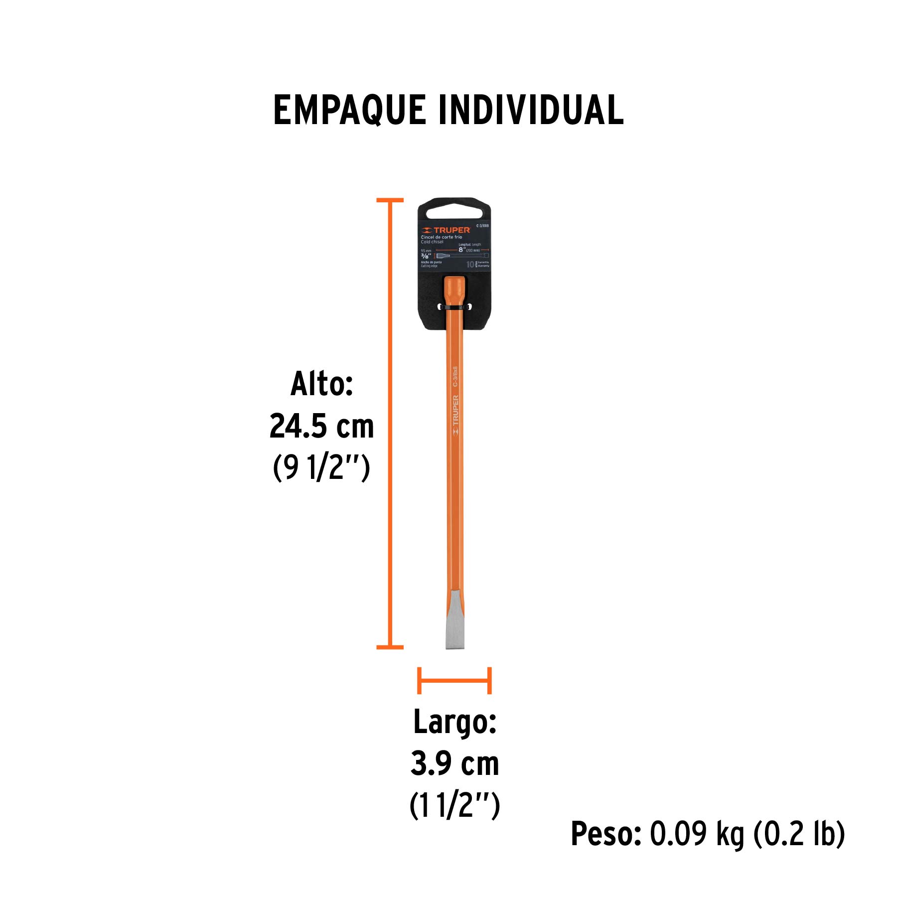 Cincel de corte frío de 3/8 X 8", TRUPER - Empaque