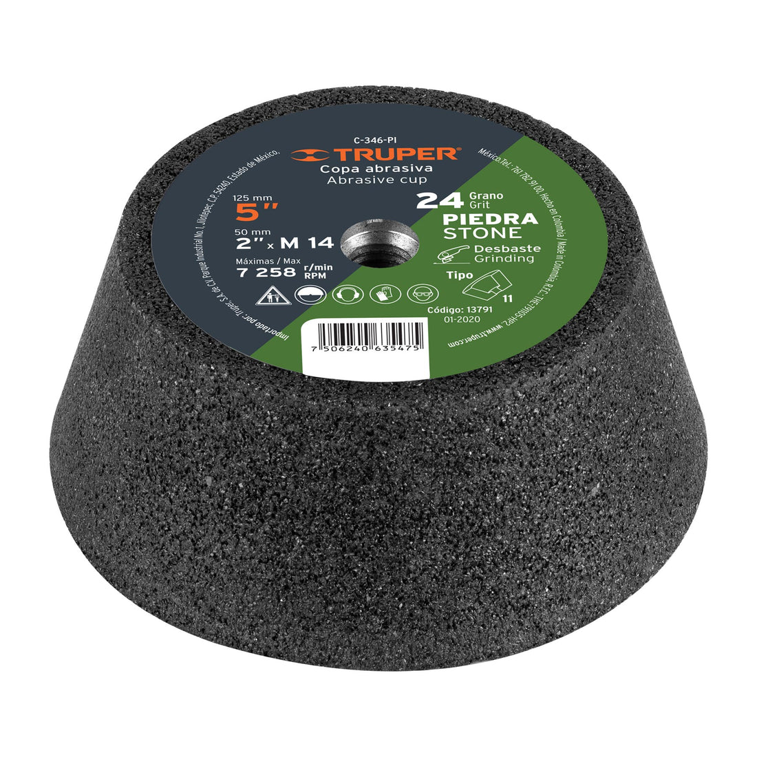 Copa desbaste de piedra 5" grano 24, eje M14, TRUPER