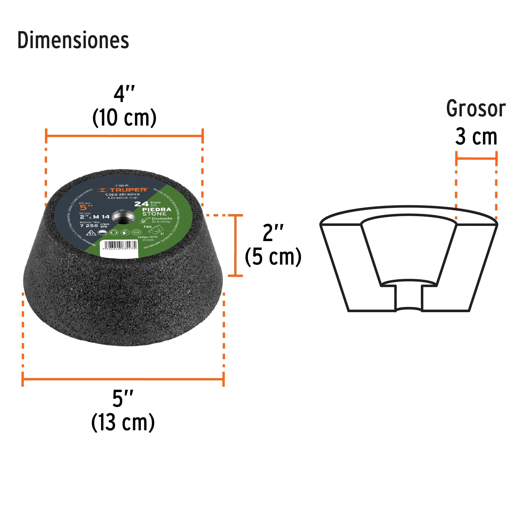 Copa desbaste de piedra 5" grano 24, eje M14, TRUPER
