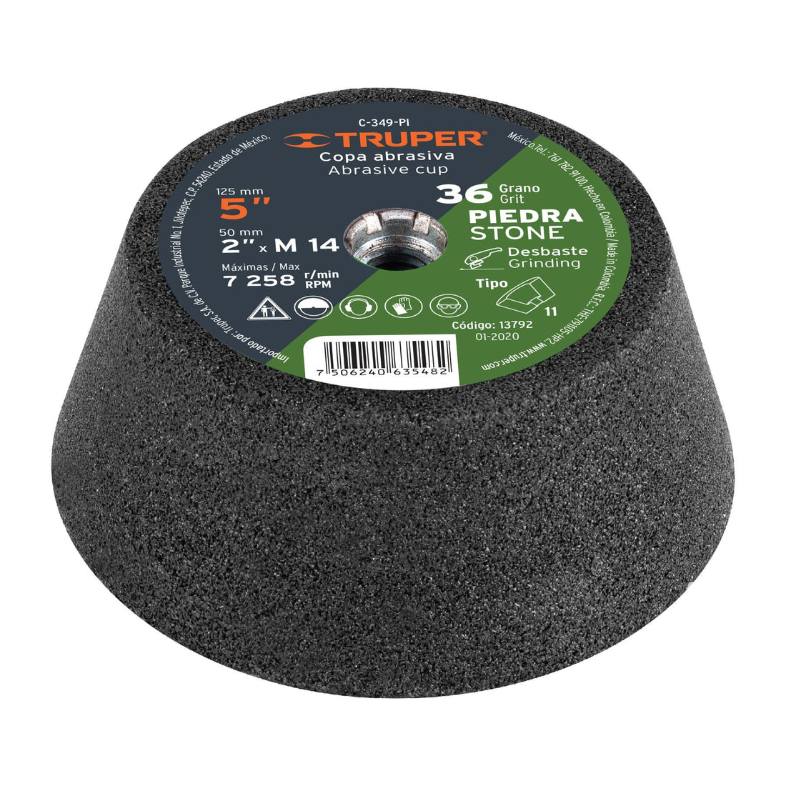 Copa desbaste de piedra 5" grano 36, eje M14, TRUPER