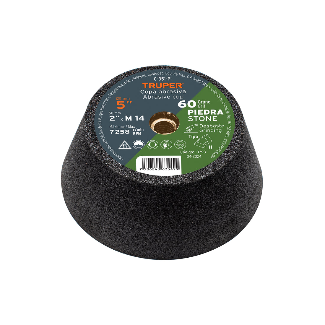 Copa desbaste de piedra 5" grano 60, eje M14, TRUPER