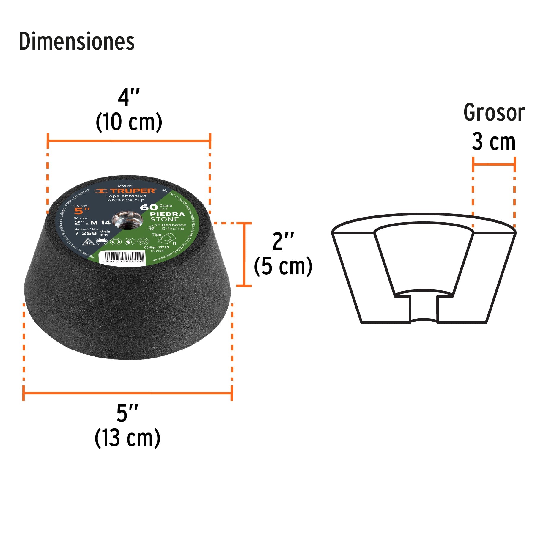 Copa desbaste de piedra 5" grano 60, eje M14, TRUPER