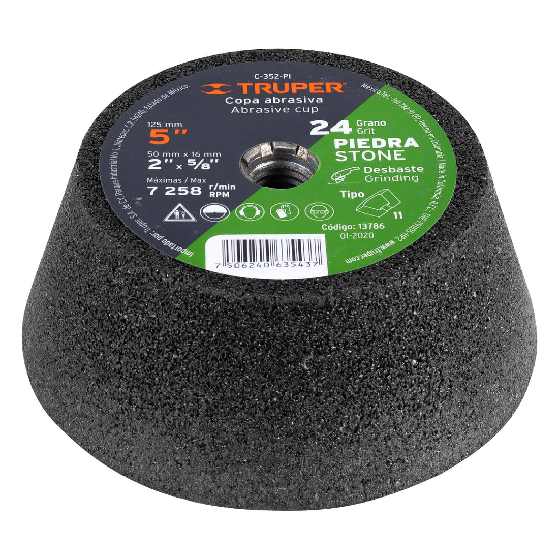 Copa desbaste de piedra 5" grano 24, eje 5/8-11, TRUPER