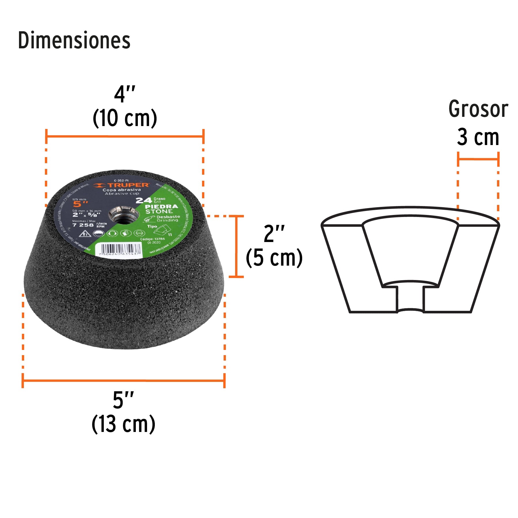 Copa desbaste de piedra 5" grano 24, eje 5/8-11, TRUPER