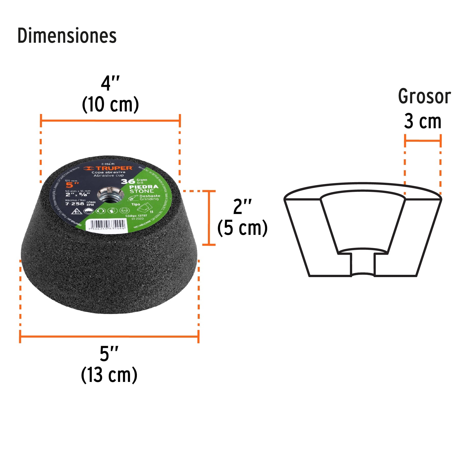 Copa desbaste de piedra 5" grano 36, eje 5/8-11, TRUPER