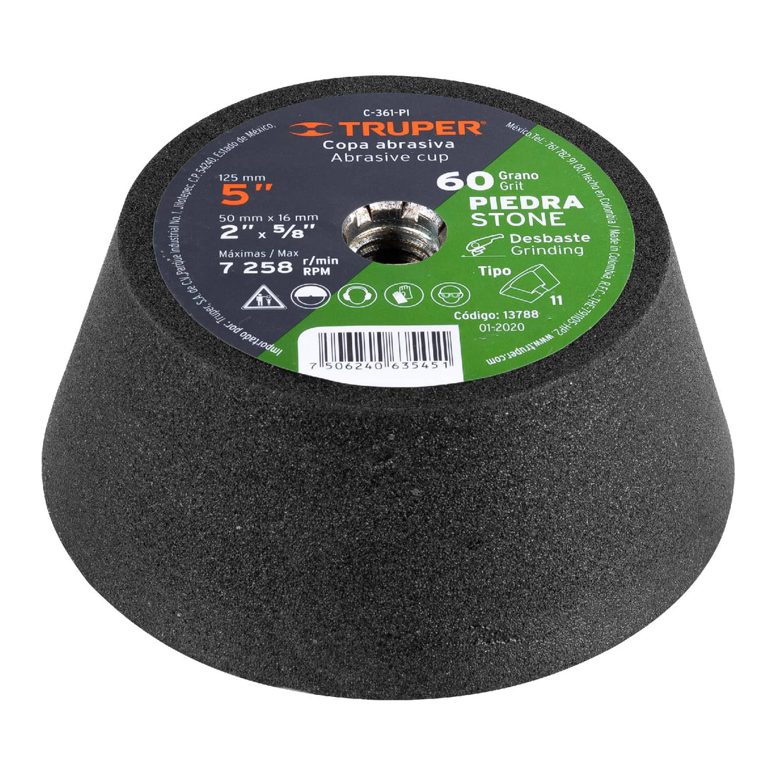 Copa desbaste de piedra 5" grano 60, eje 5/8-11, TRUPER