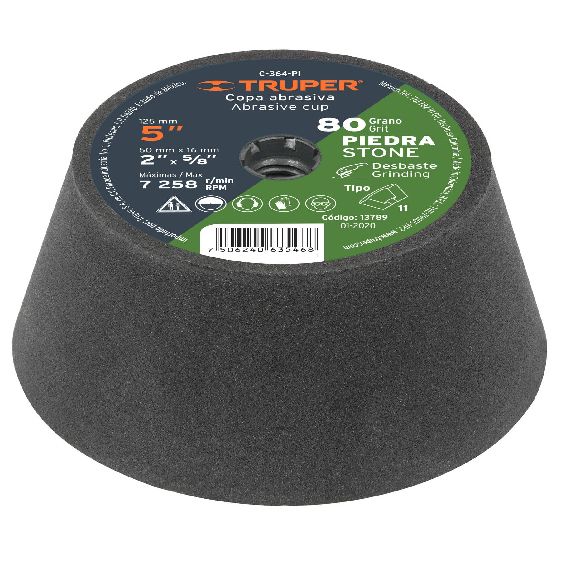 Copa desbaste de piedra 5" grano 80, eje 5/8-11, TRUPER