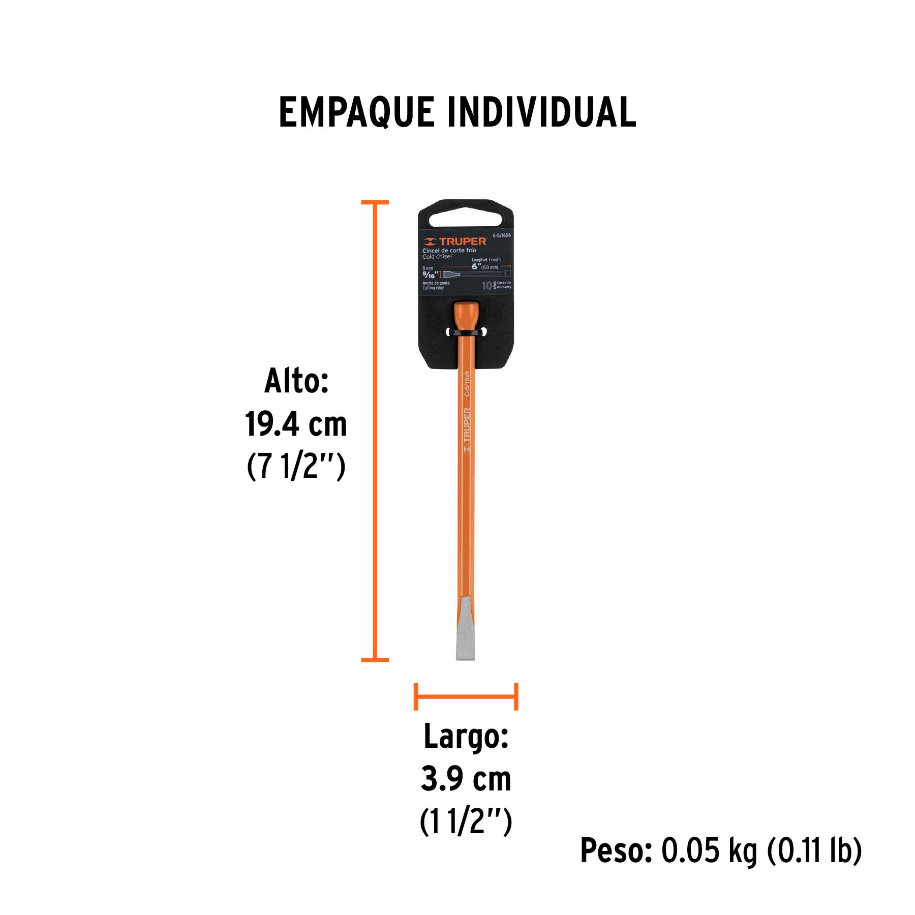 Cincel de corte frío de 5/16 X 6", TRUPER - Empaque