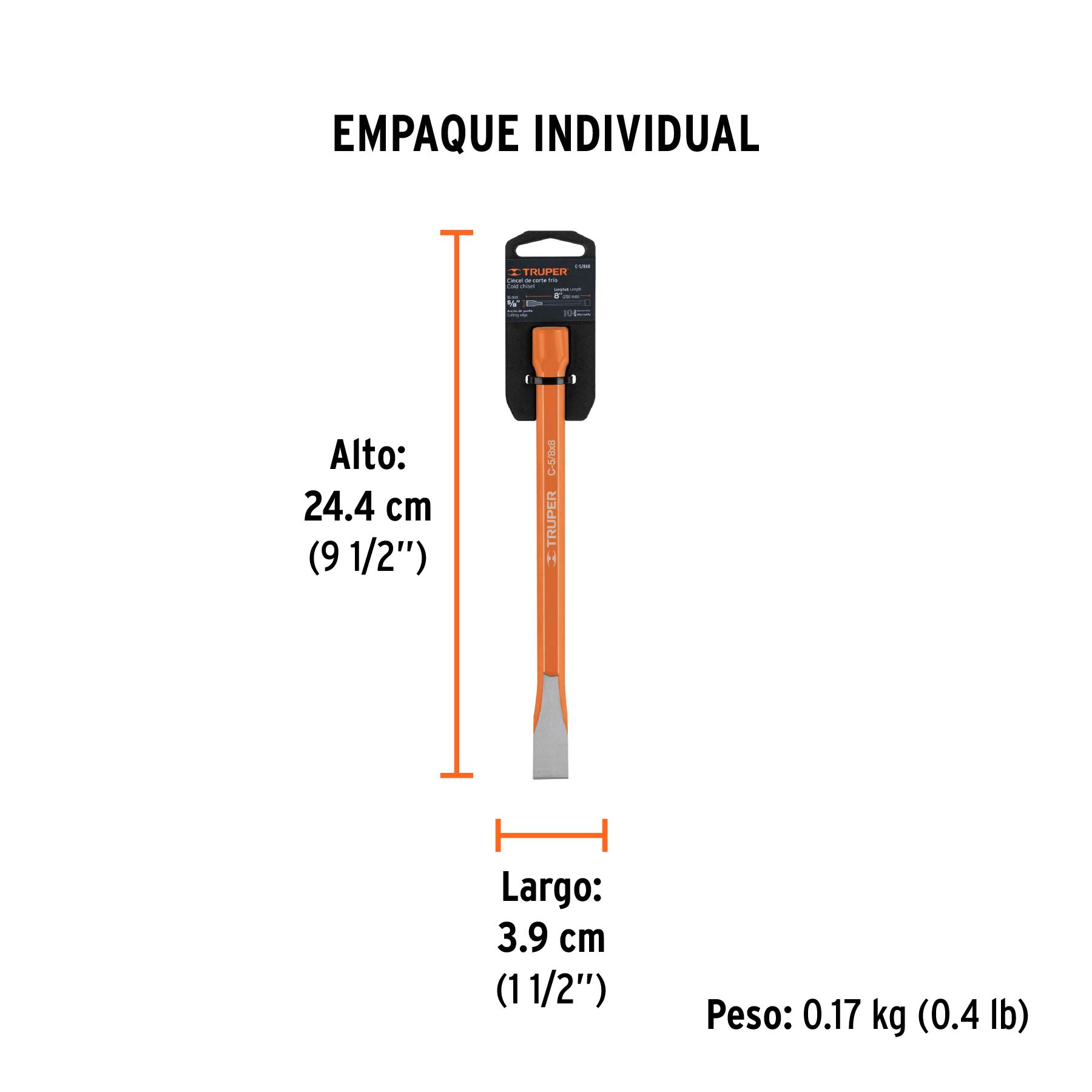 Cincel de corte frío de 5/8 X 8", TRUPER - Empaque