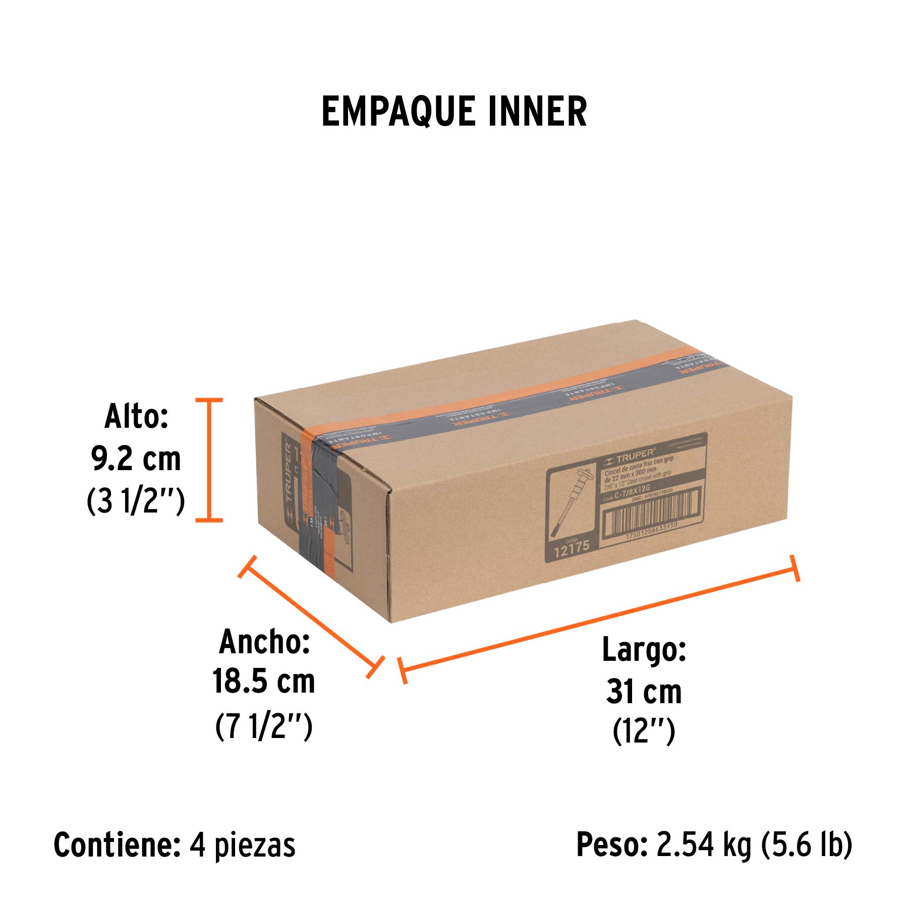 Cincel de corte frío 7/8 X 12" con grip, TRUPER - Empaque