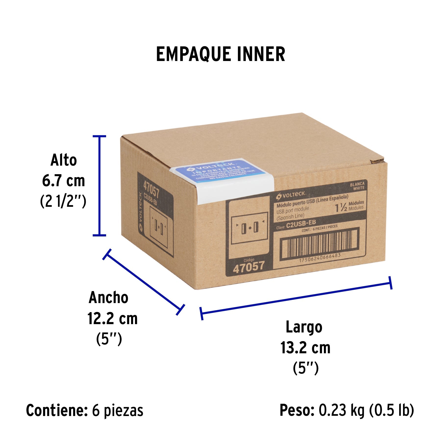 Toma con 2 puertos USB, 1.5 módulos, línea Española, blanco - Empaque