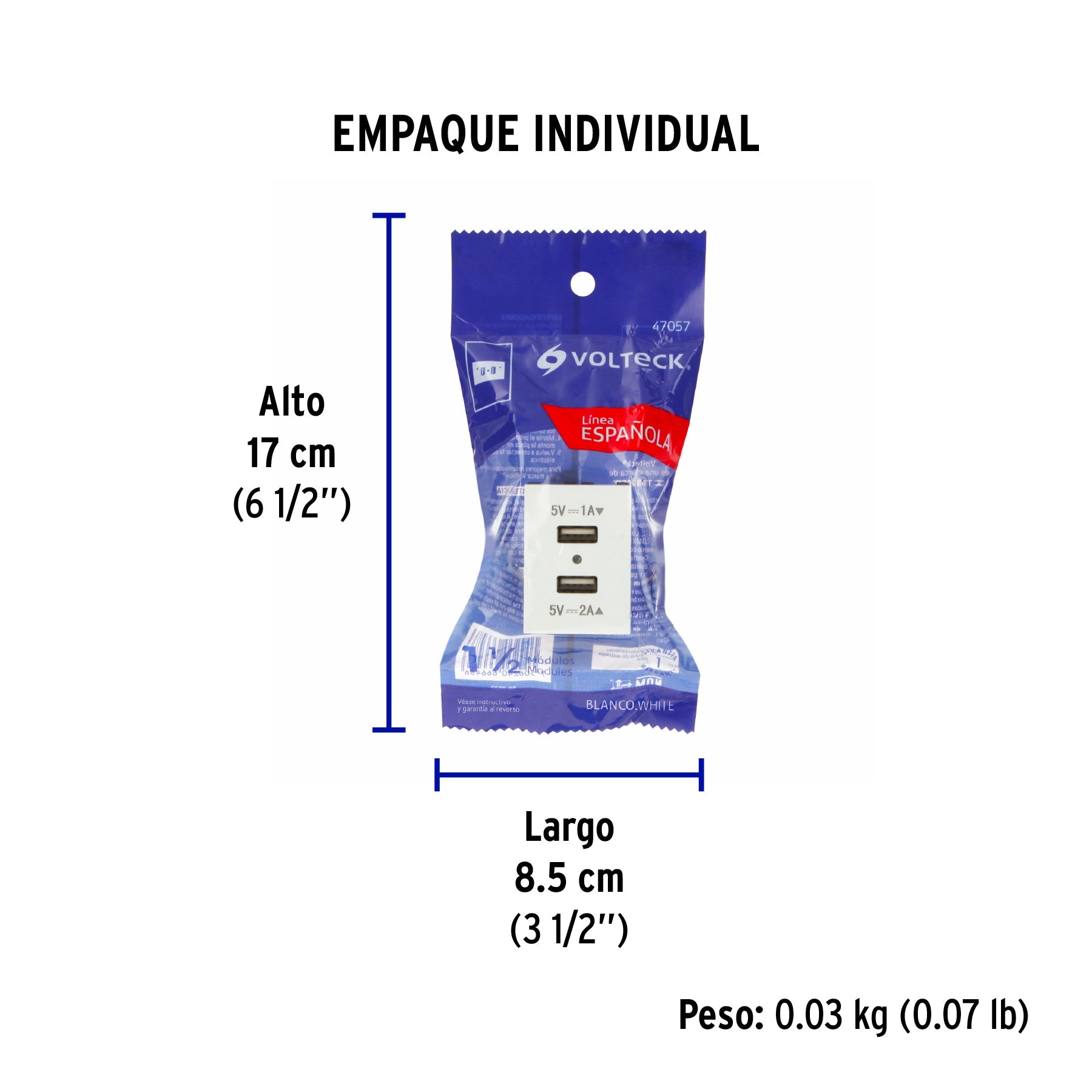 Toma con 2 puertos USB, 1.5 módulos, línea Española, blanco - Empaque