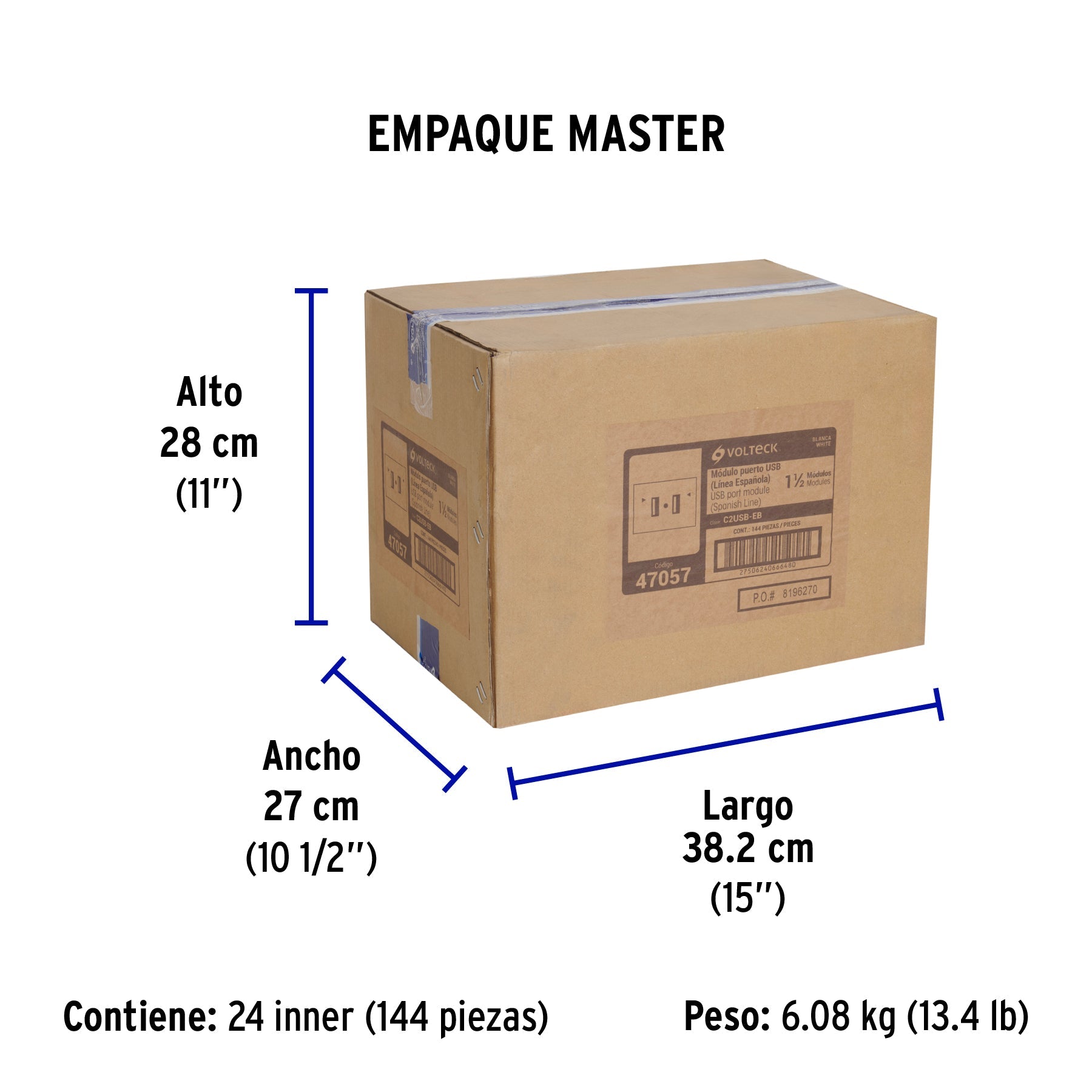 Toma con 2 puertos USB, 1.5 módulos, línea Española, blanco - Empaque