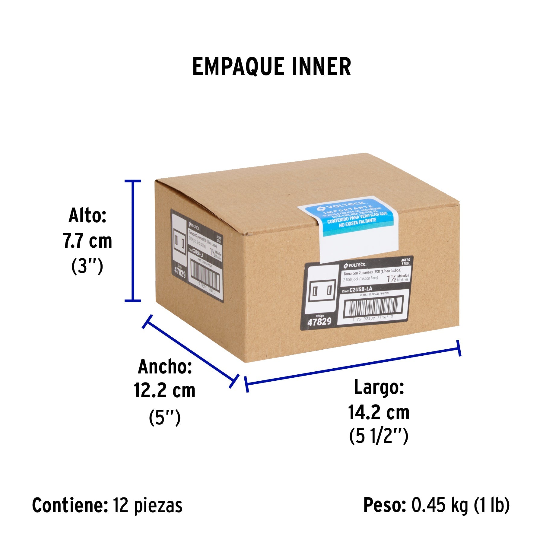 Toma 2 puertos USB acero inox de 1.5 módulos, línea Lisboa - Empaque