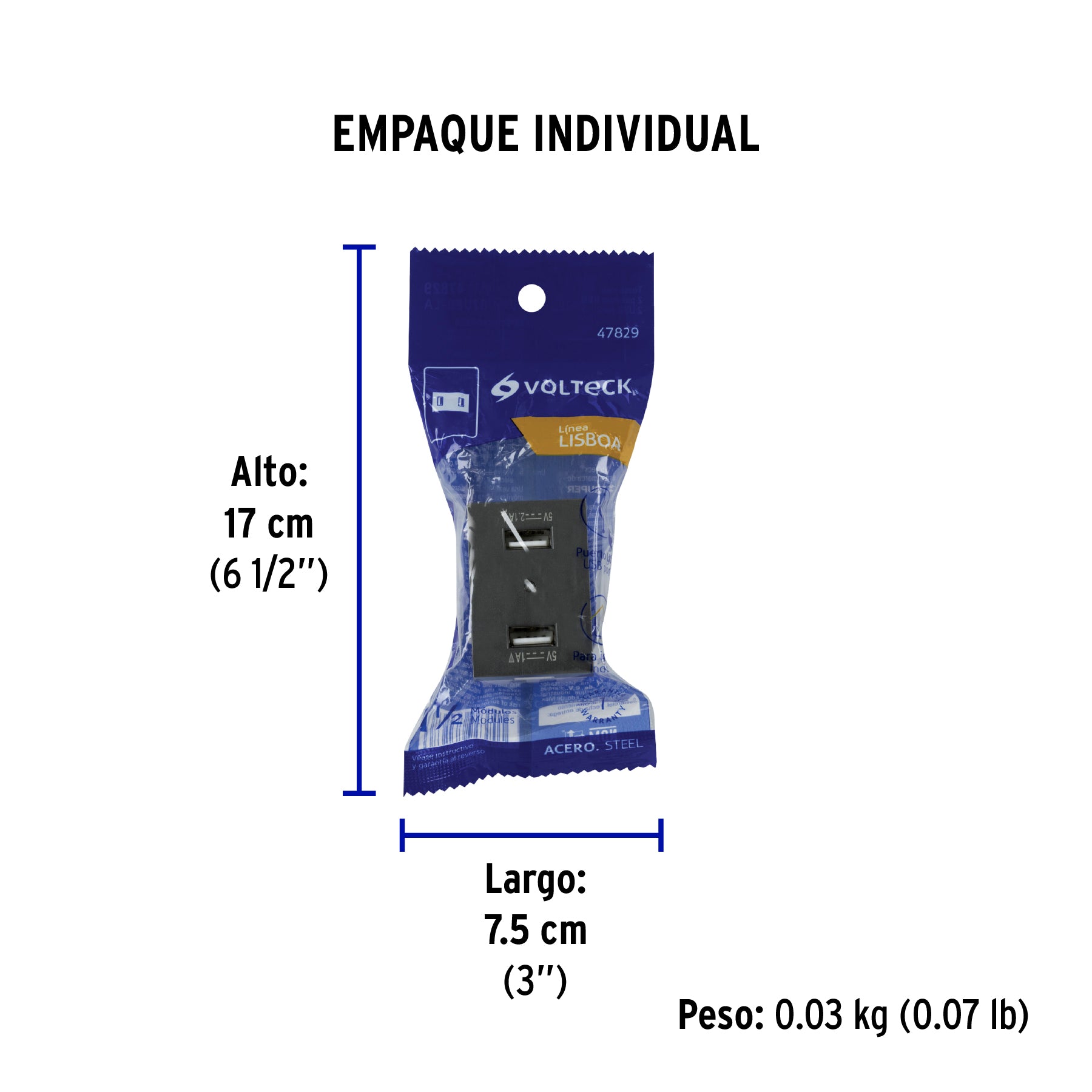 Toma 2 puertos USB acero inox de 1.5 módulos, línea Lisboa - Empaque
