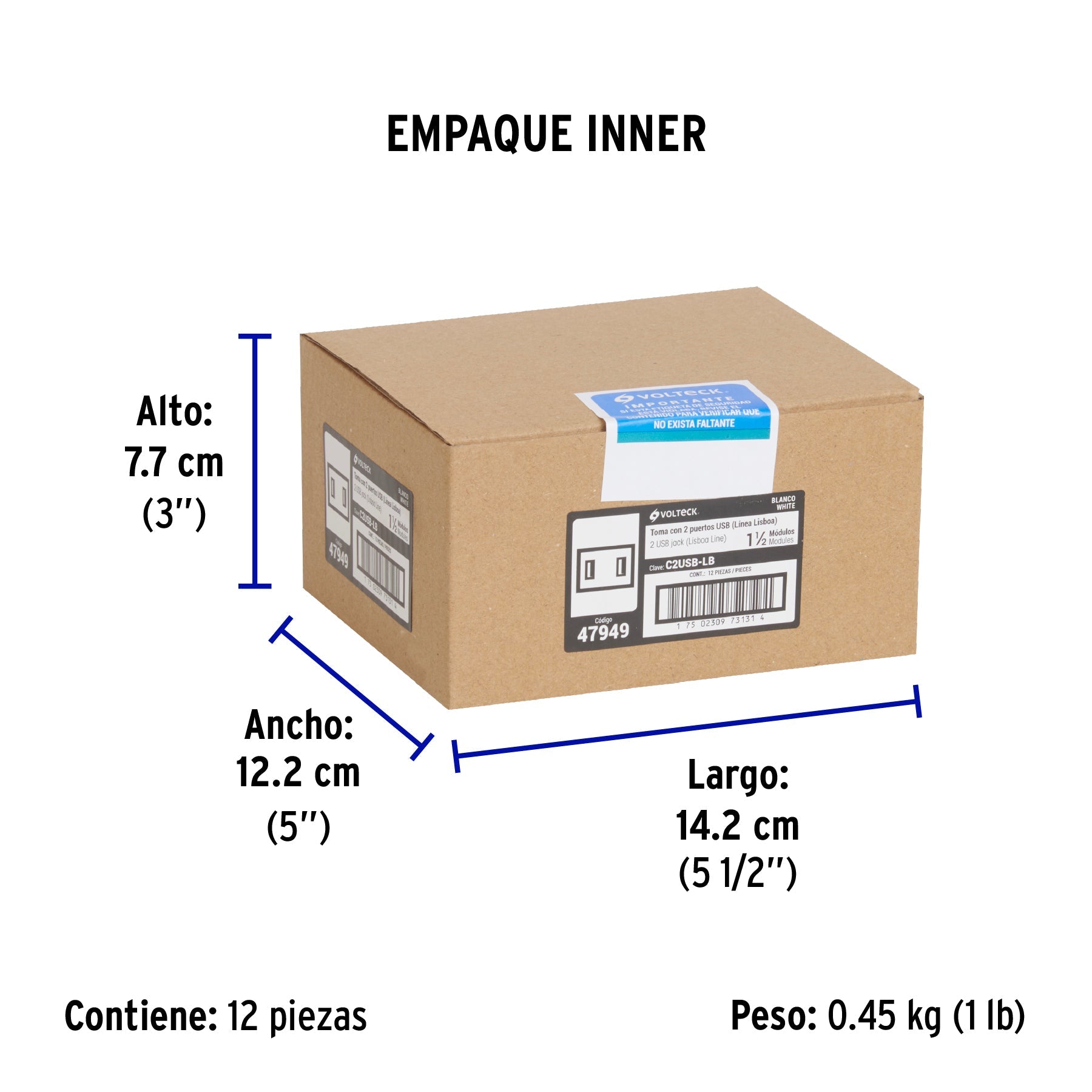 Toma con 2 puertos USB blanco de 1.5 módulos, línea Lisboa - Empaque