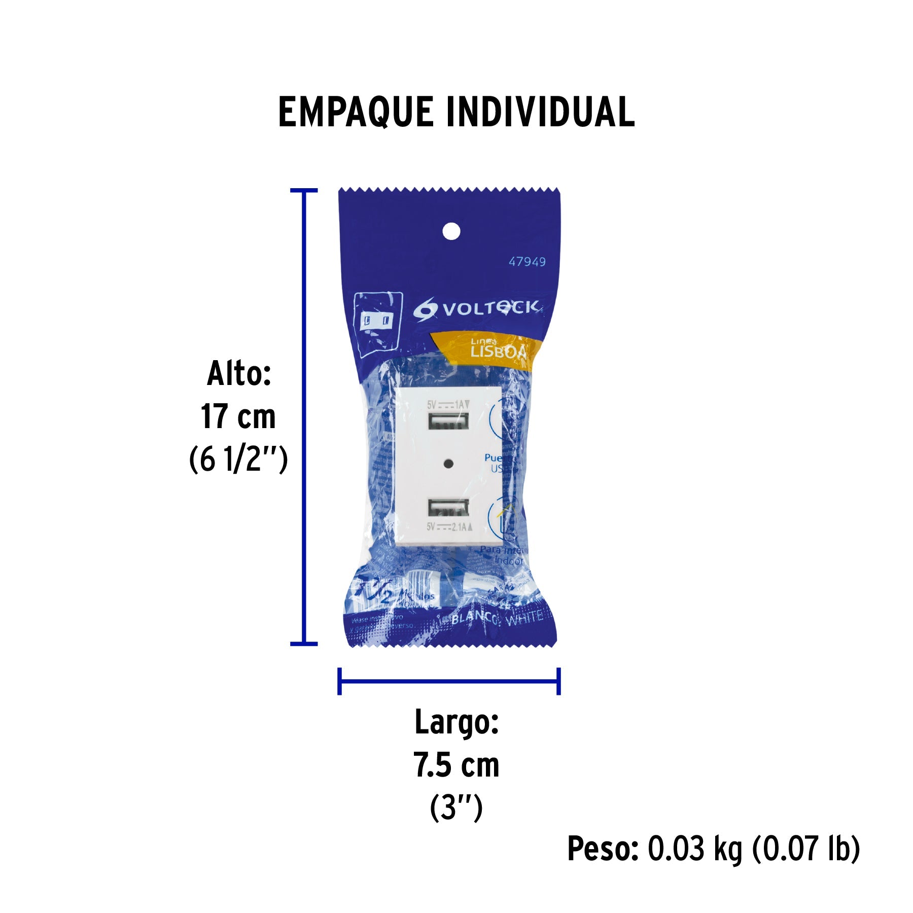 Toma con 2 puertos USB blanco de 1.5 módulos, línea Lisboa - Empaque