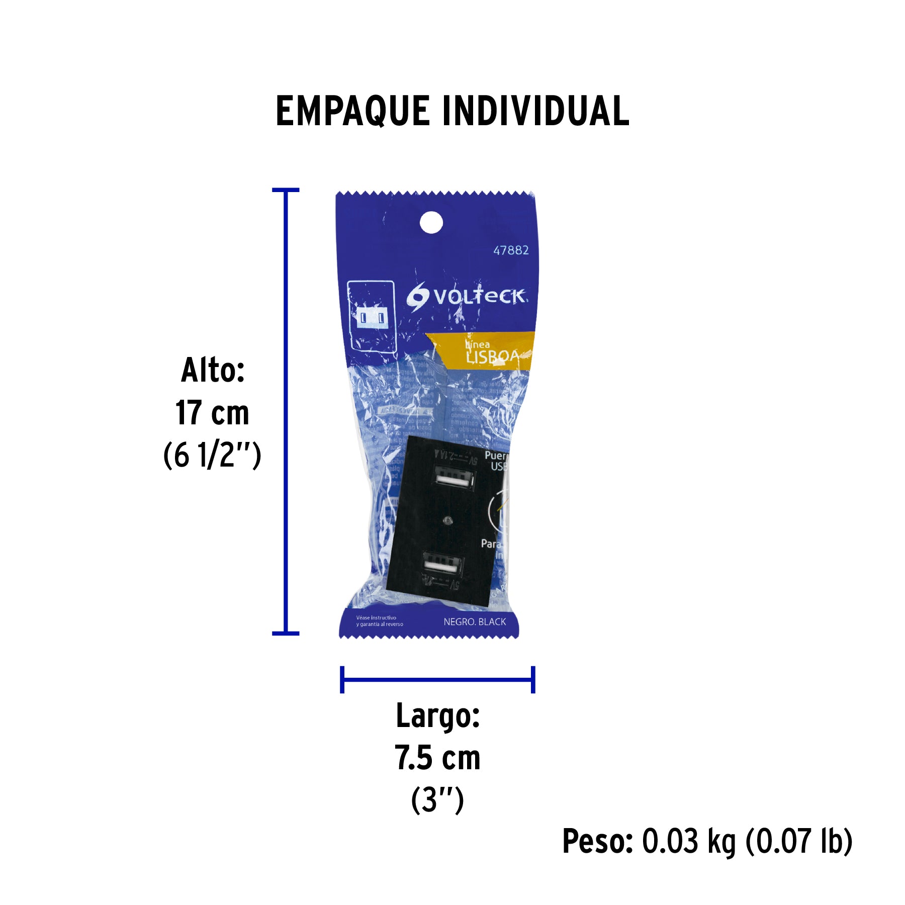 Toma con 2 puertos USB negro de 1.5 módulos, línea Lisboa - Empaque