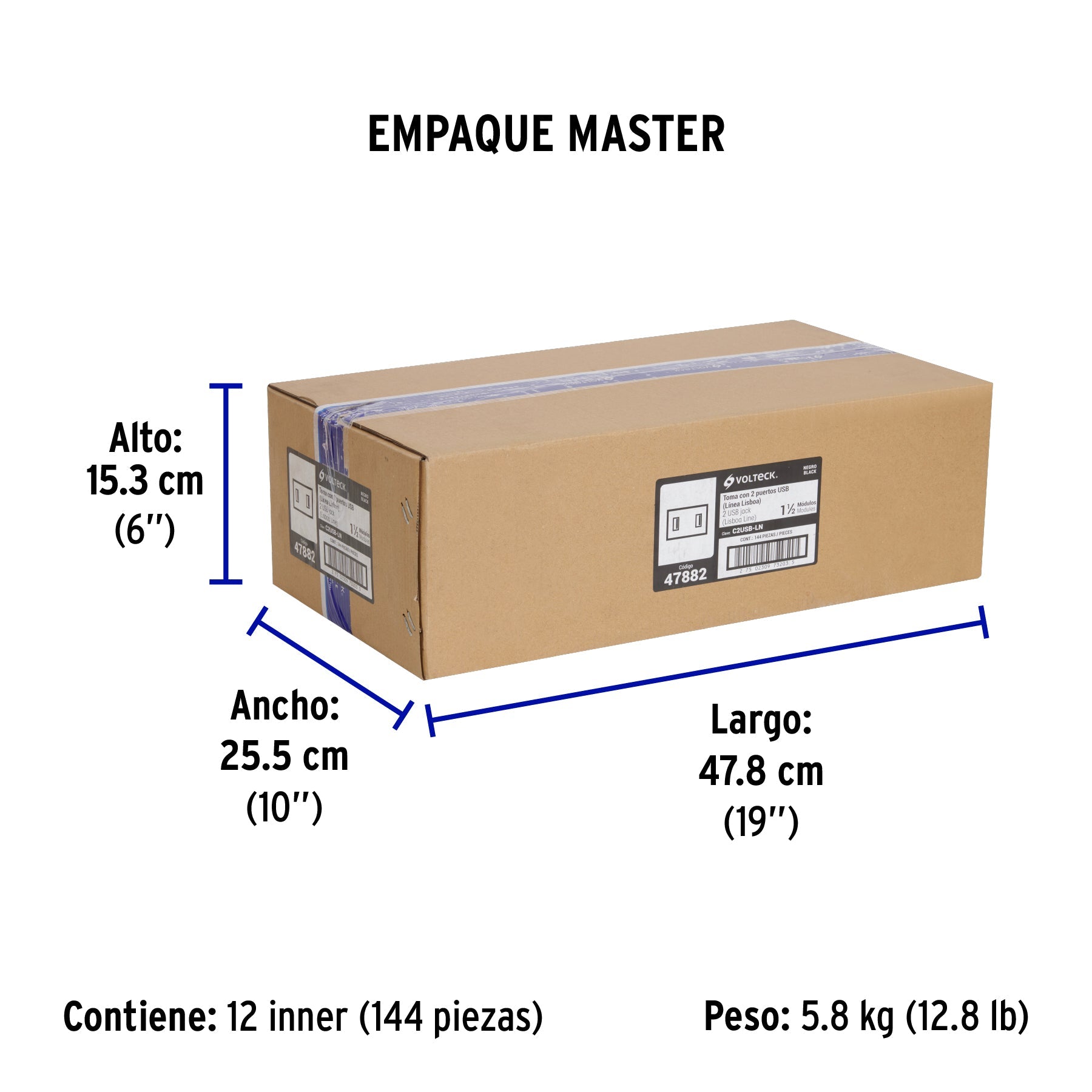 Toma con 2 puertos USB negro de 1.5 módulos, línea Lisboa - Empaque