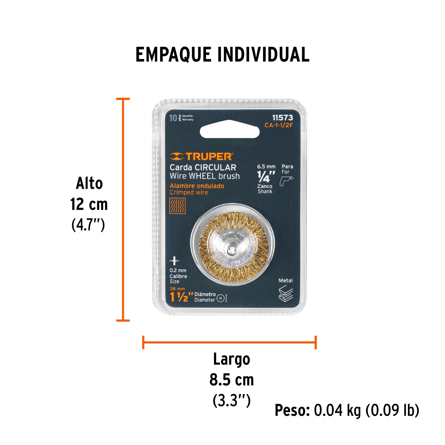 Carda circular 1-1/2" alambre fino para taladro, TRUPER - Empaque