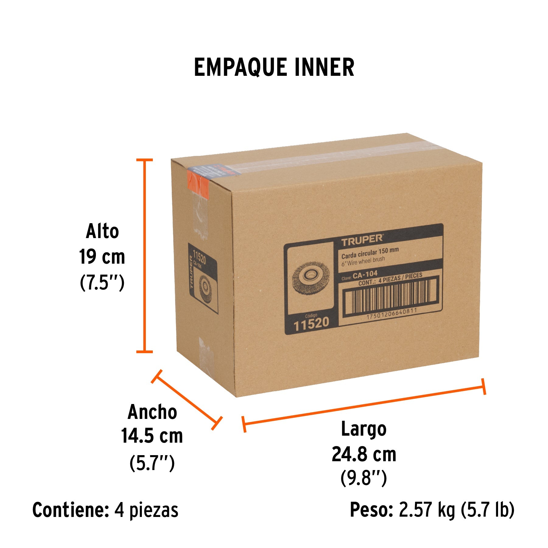Carda alambre ondulado 6" x 3/4" para esmeril, TRUPER - Empaque