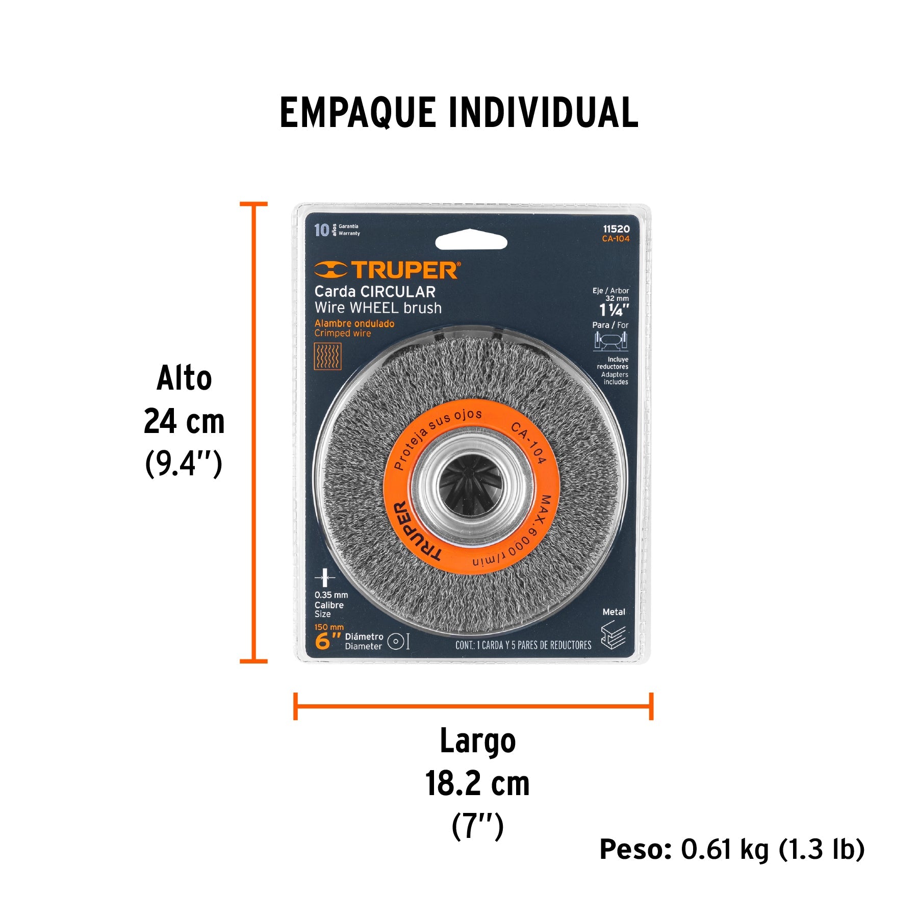 Carda alambre ondulado 6" x 3/4" para esmeril, TRUPER - Empaque