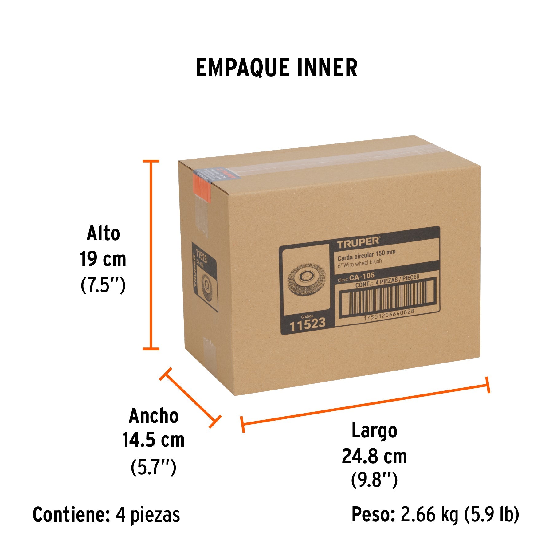Carda alambre ondulado 6" x 13/16" para esmeril, TRUPER - Empaque