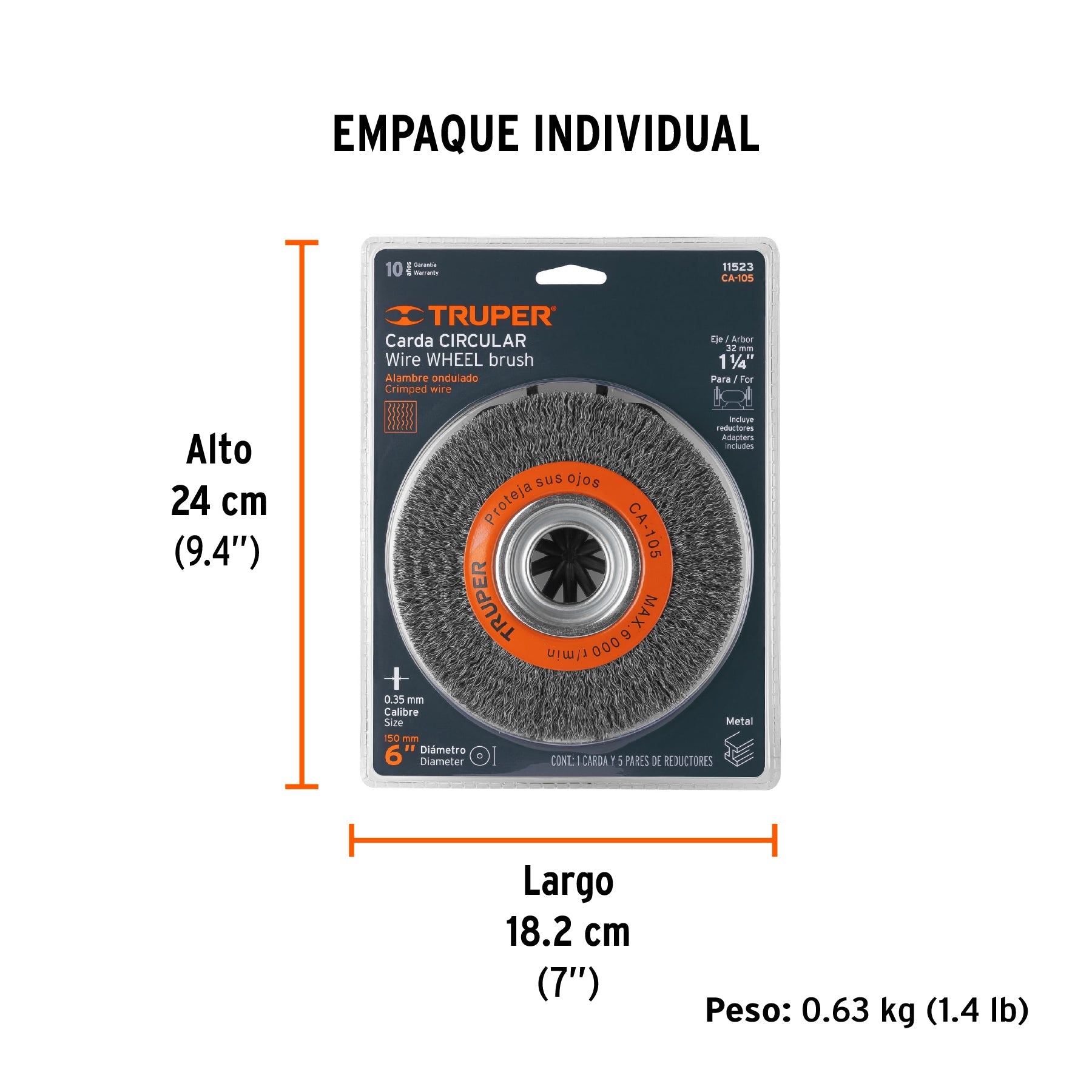 Carda alambre ondulado 6" x 13/16" para esmeril, TRUPER - Empaque
