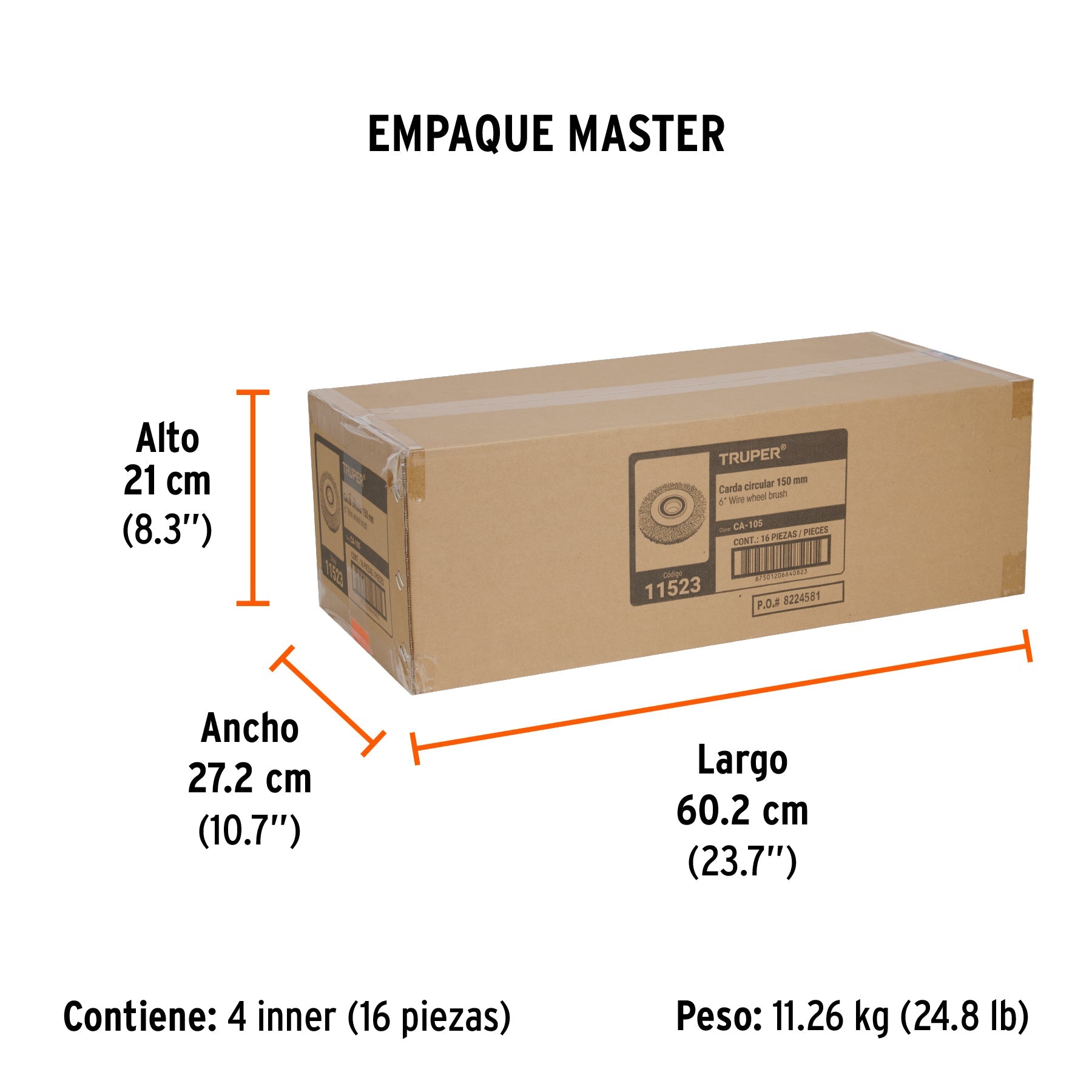 Carda alambre ondulado 6" x 13/16" para esmeril, TRUPER - Empaque