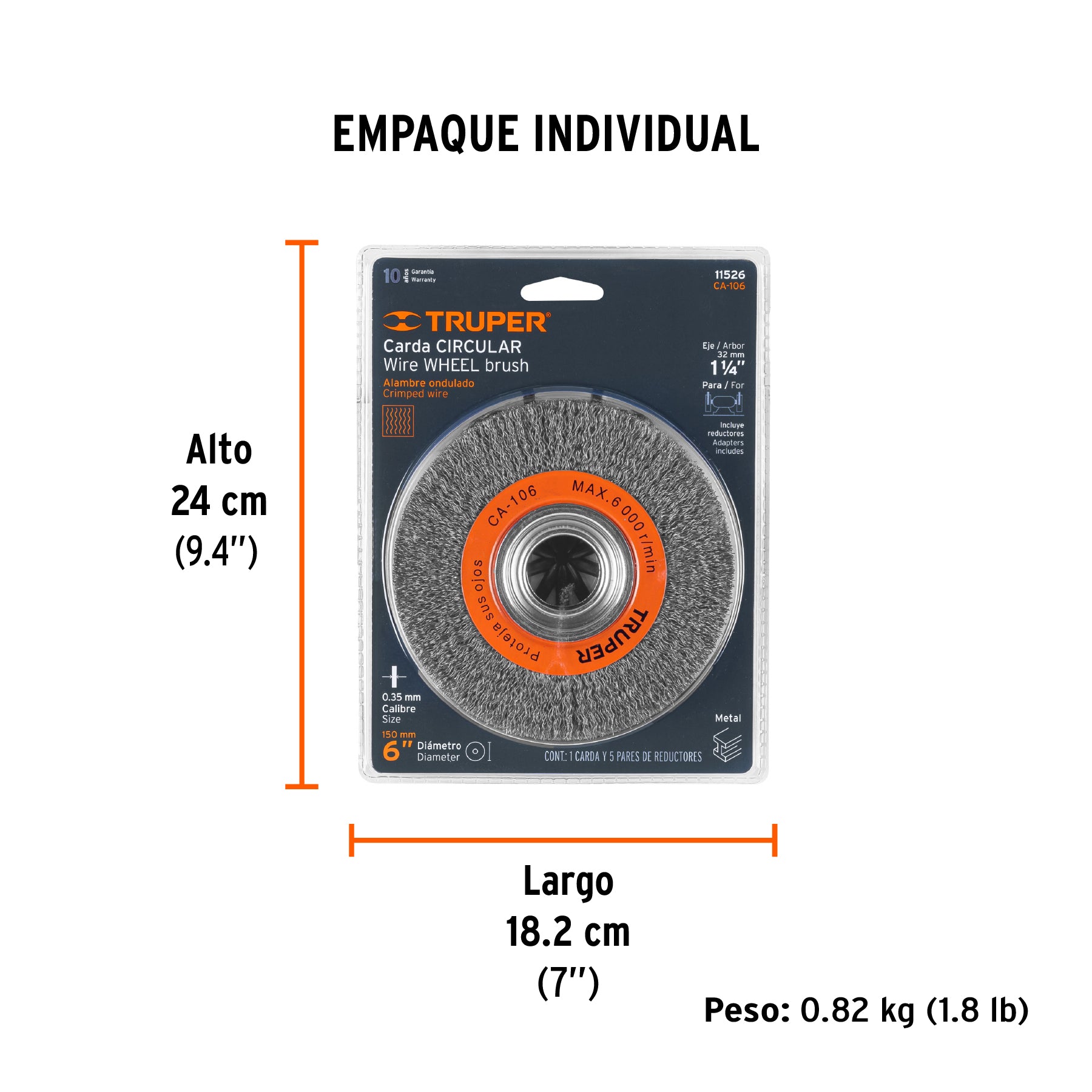 Carda alambre ondulado 6" x 1-1/8" para esmeril, TRUPER - Empaque
