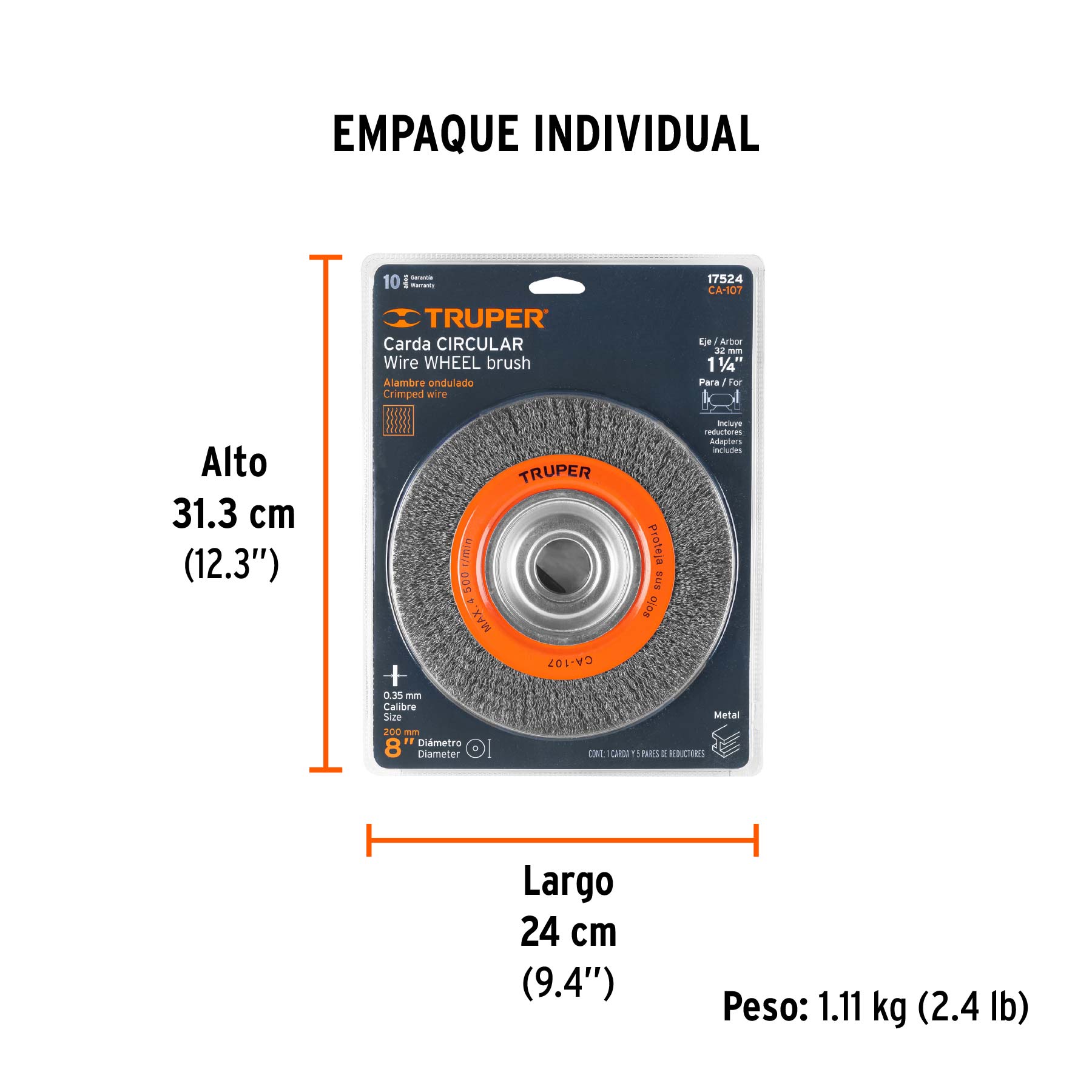 Carda alambre ondulado 8" x 3/4" para esmeril, TRUPER - Empaque