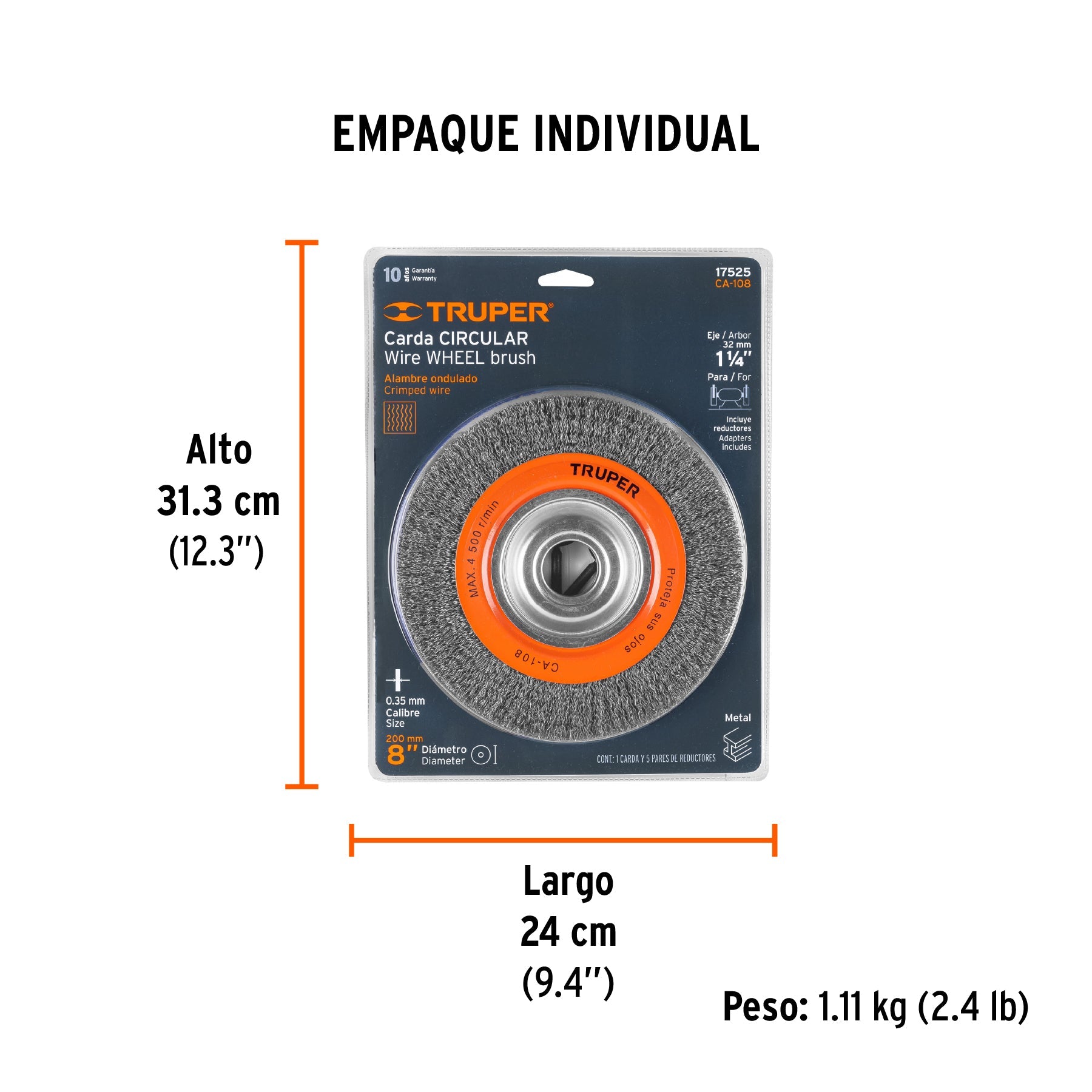 Carda alambre ondulado 8" x 7/8" para esmeril, TRUPER - Empaque