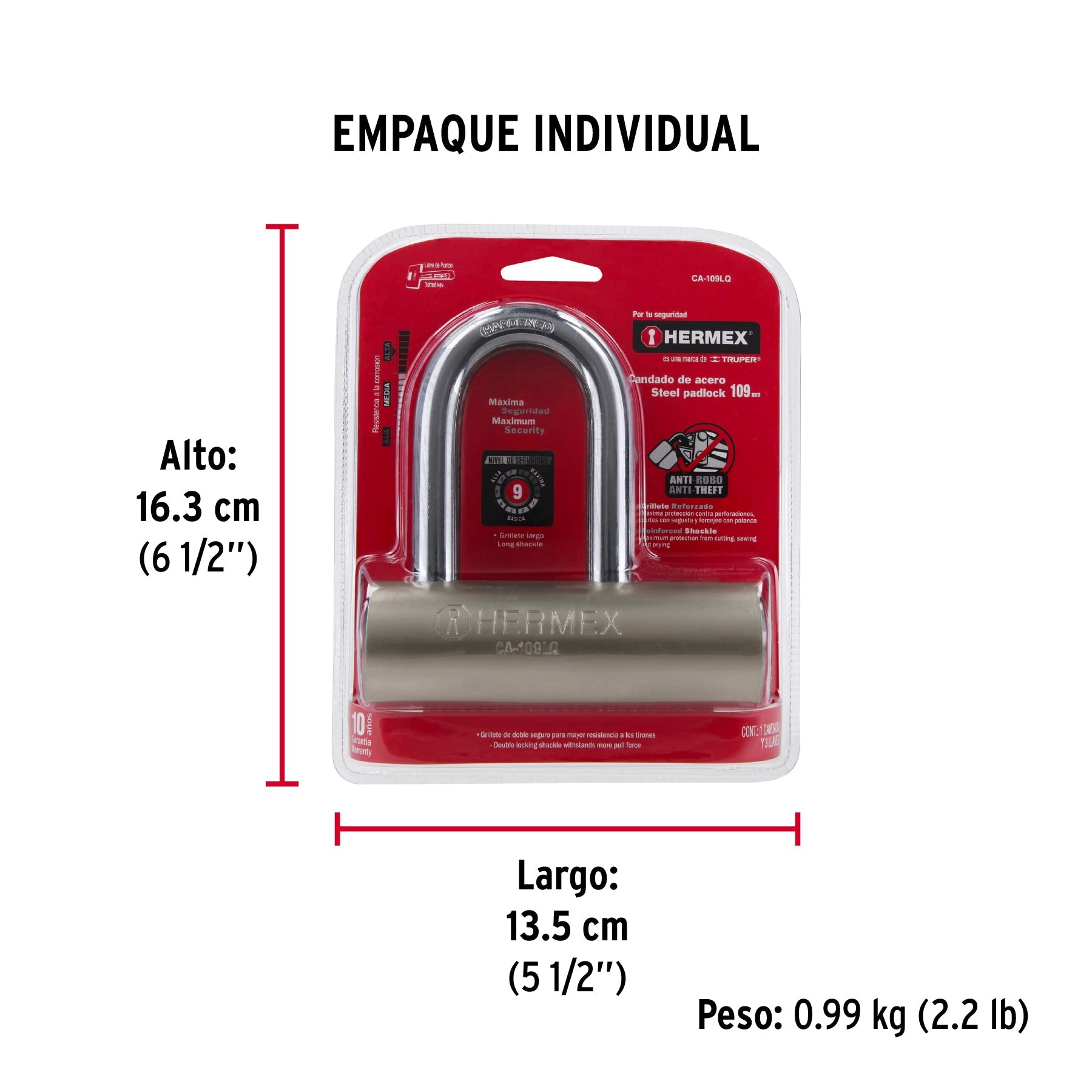 Candado de acero, 109mm, gancho largo, llave de puntos - Empaque