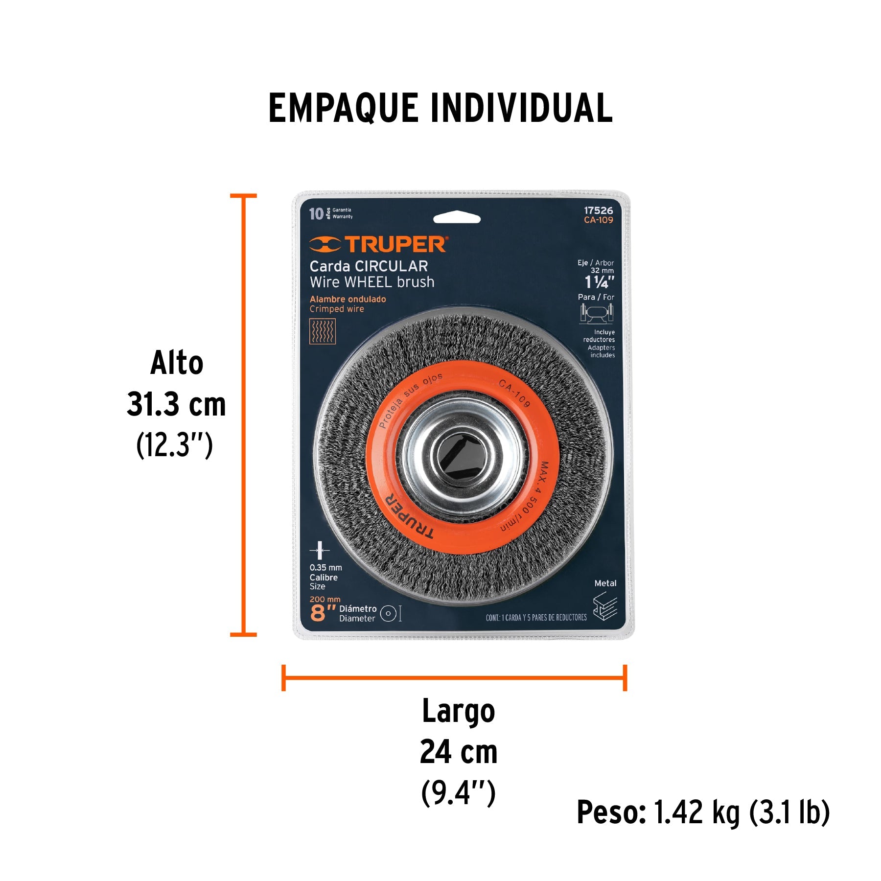 Carda alambre ondulado 8" x 1" para esmeril, TRUPER - Empaque