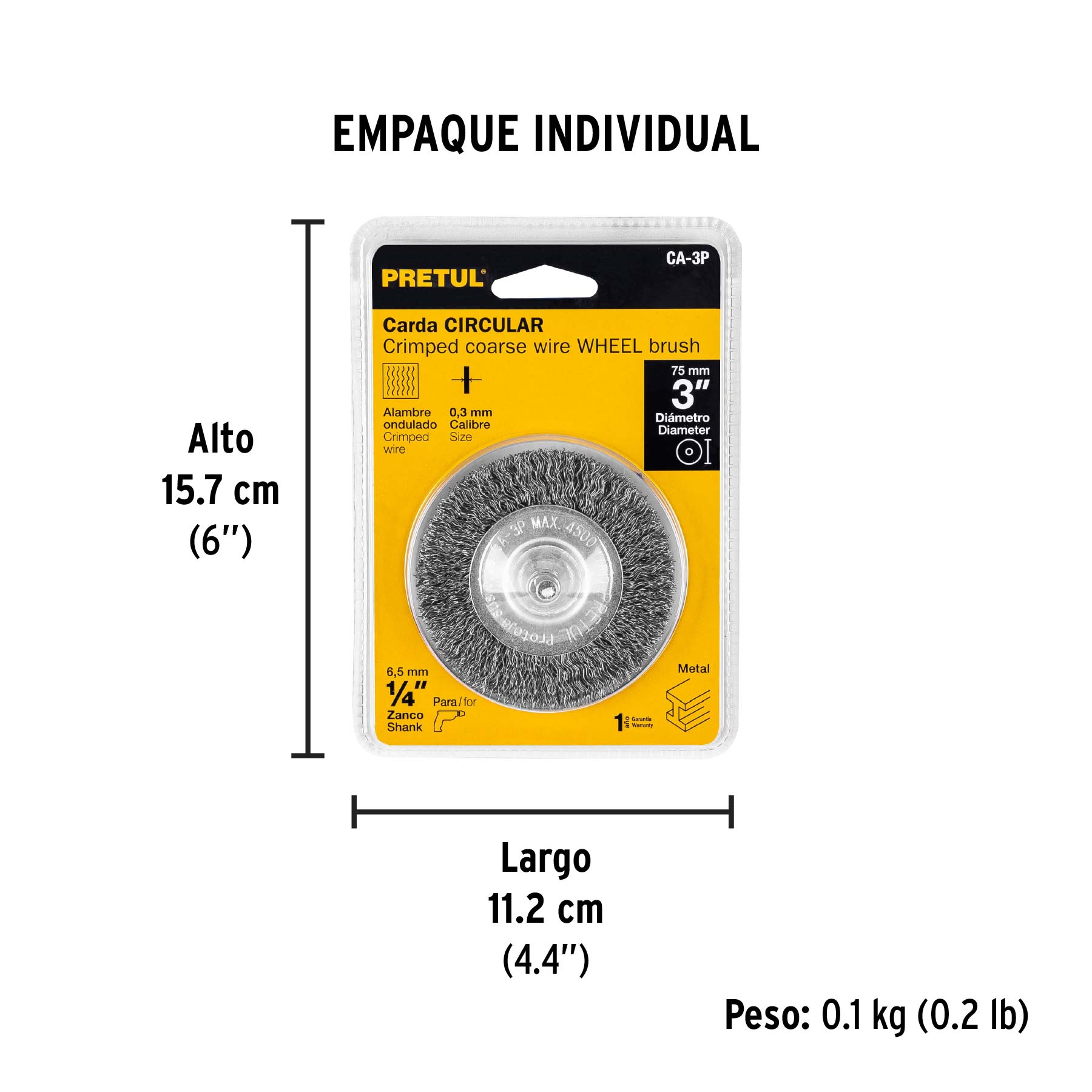 Carda circular 3" alambre grueso para taladro, PRETUL - Empaque