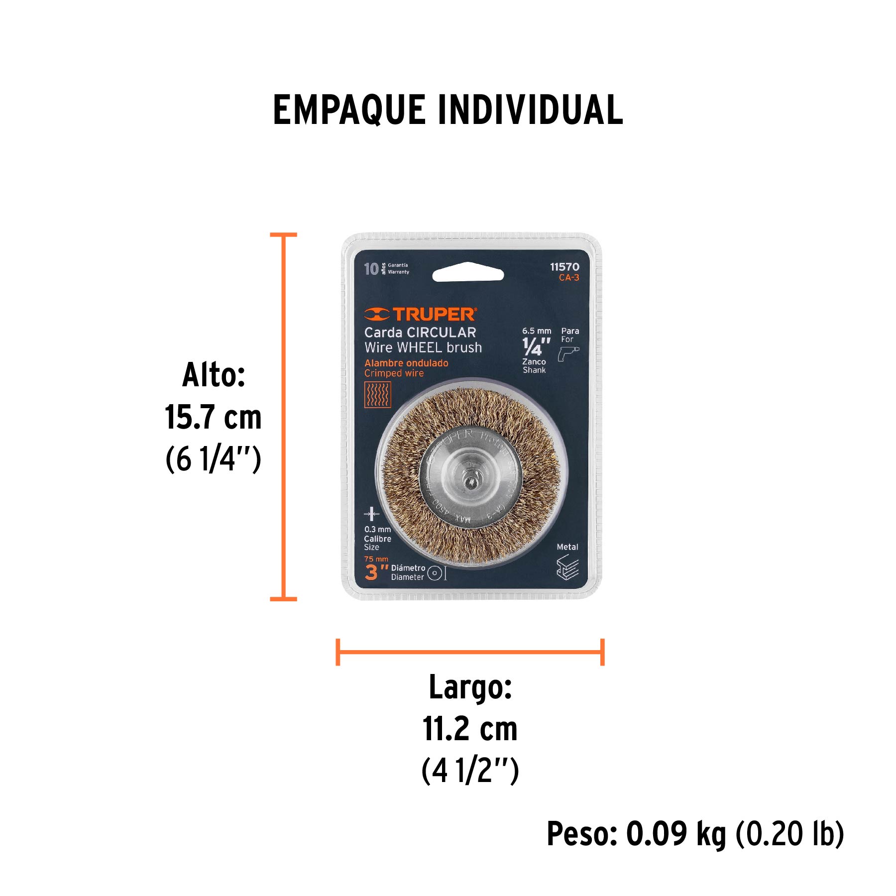 Carda circular 3" alambre grueso para taladro, TRUPER - Empaque