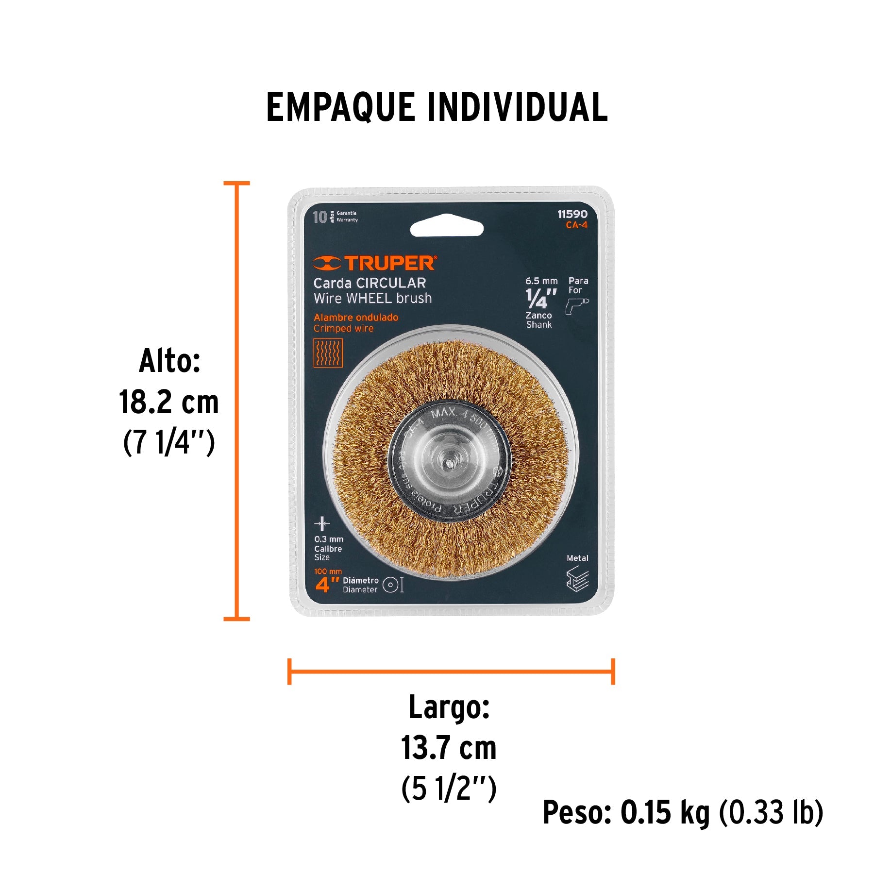 Carda circular 4" alambre grueso para taladro, TRUPER - Empaque