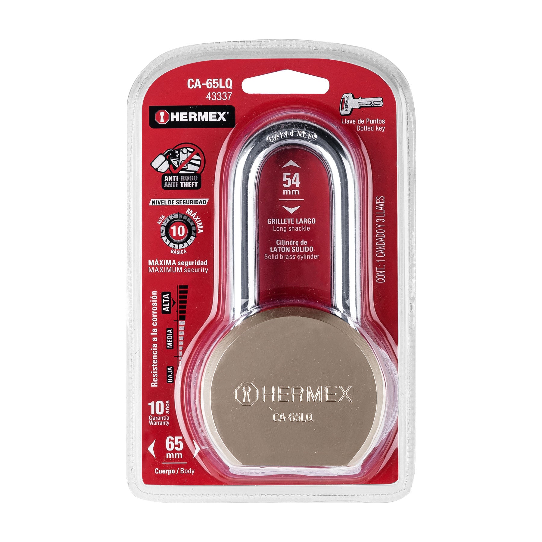 Candado redondo, 65mm, gancho largo, llave de puntos,blíster