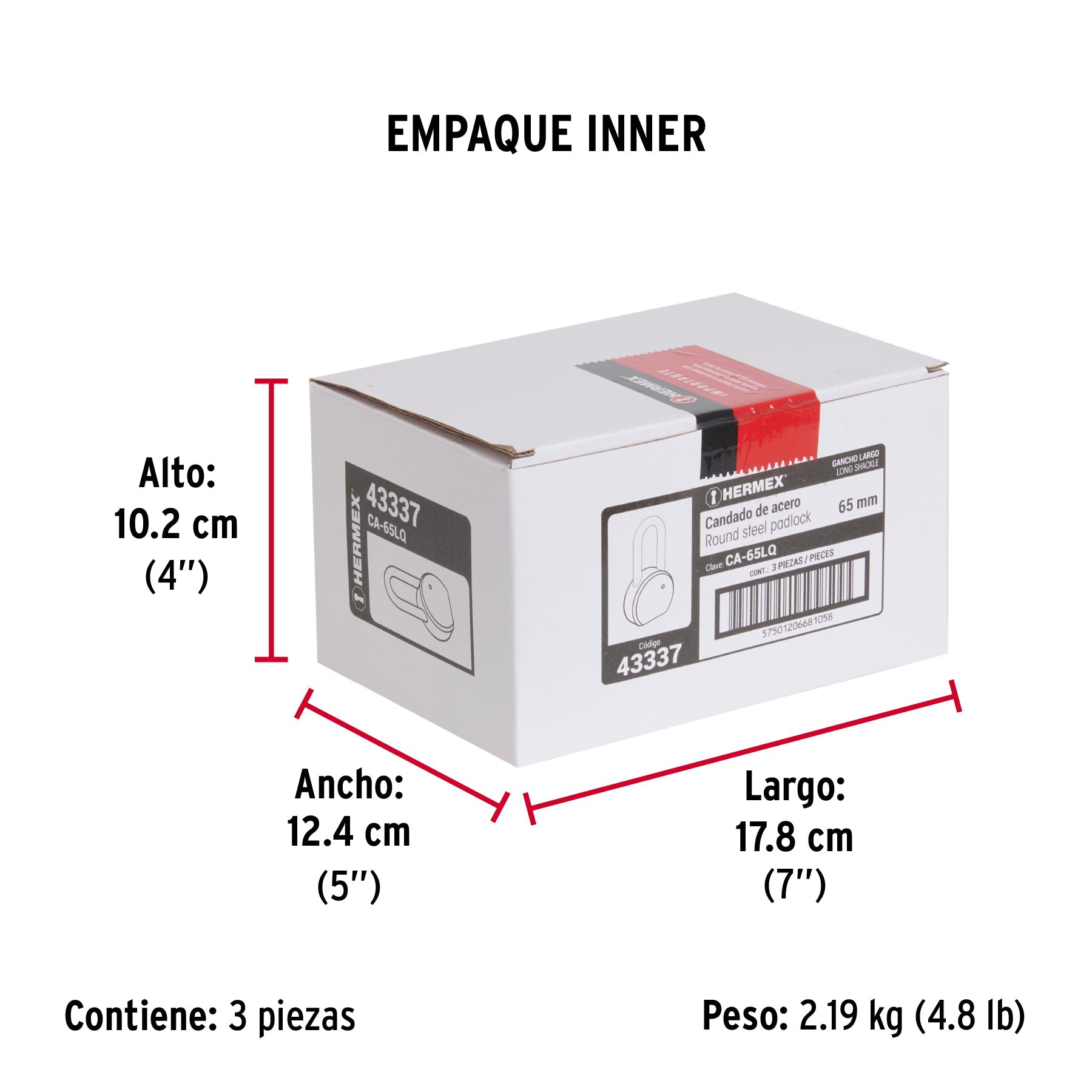 Candado redondo, 65mm, gancho largo, llave de puntos,blíster - Empaque