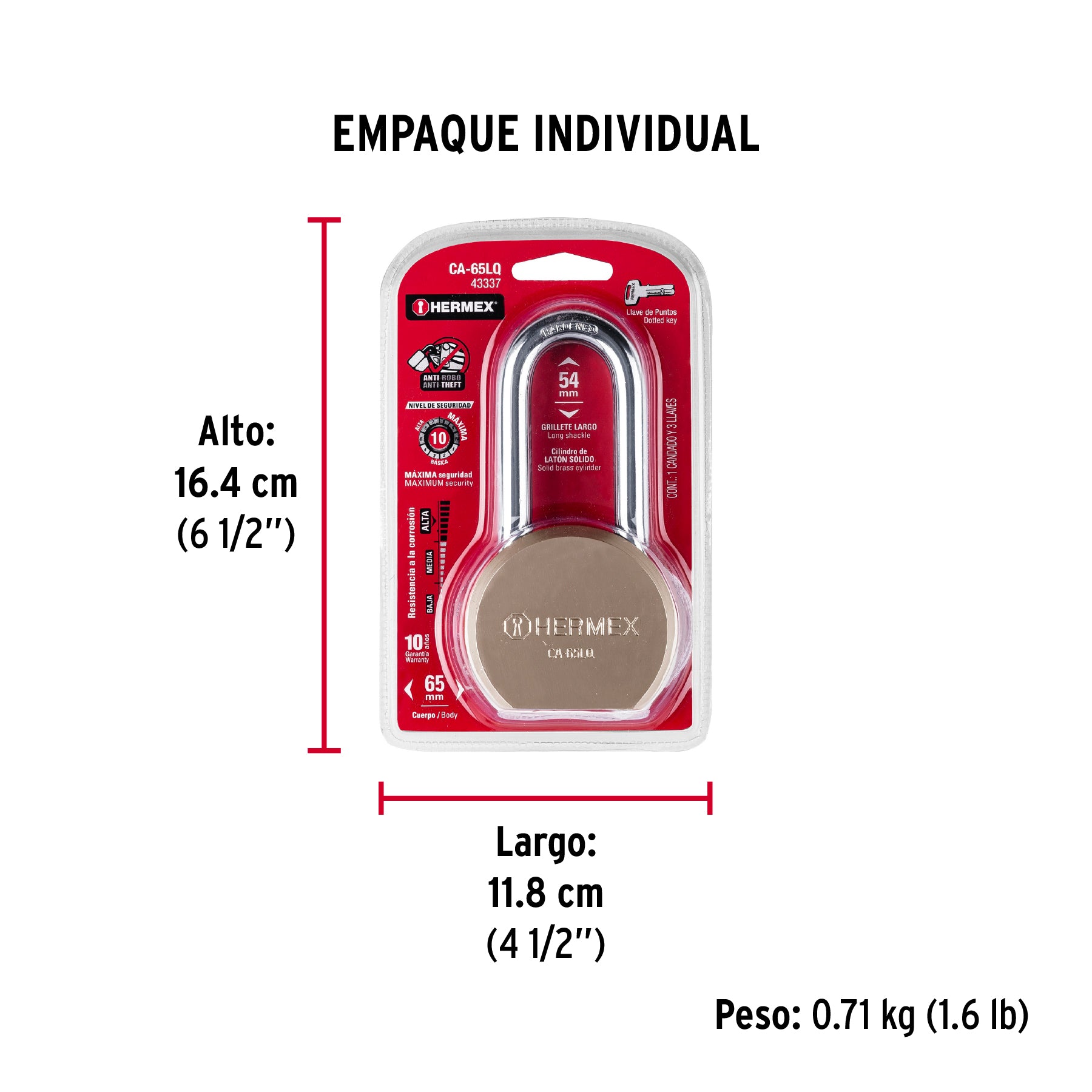 Candado redondo, 65mm, gancho largo, llave de puntos,blíster - Empaque