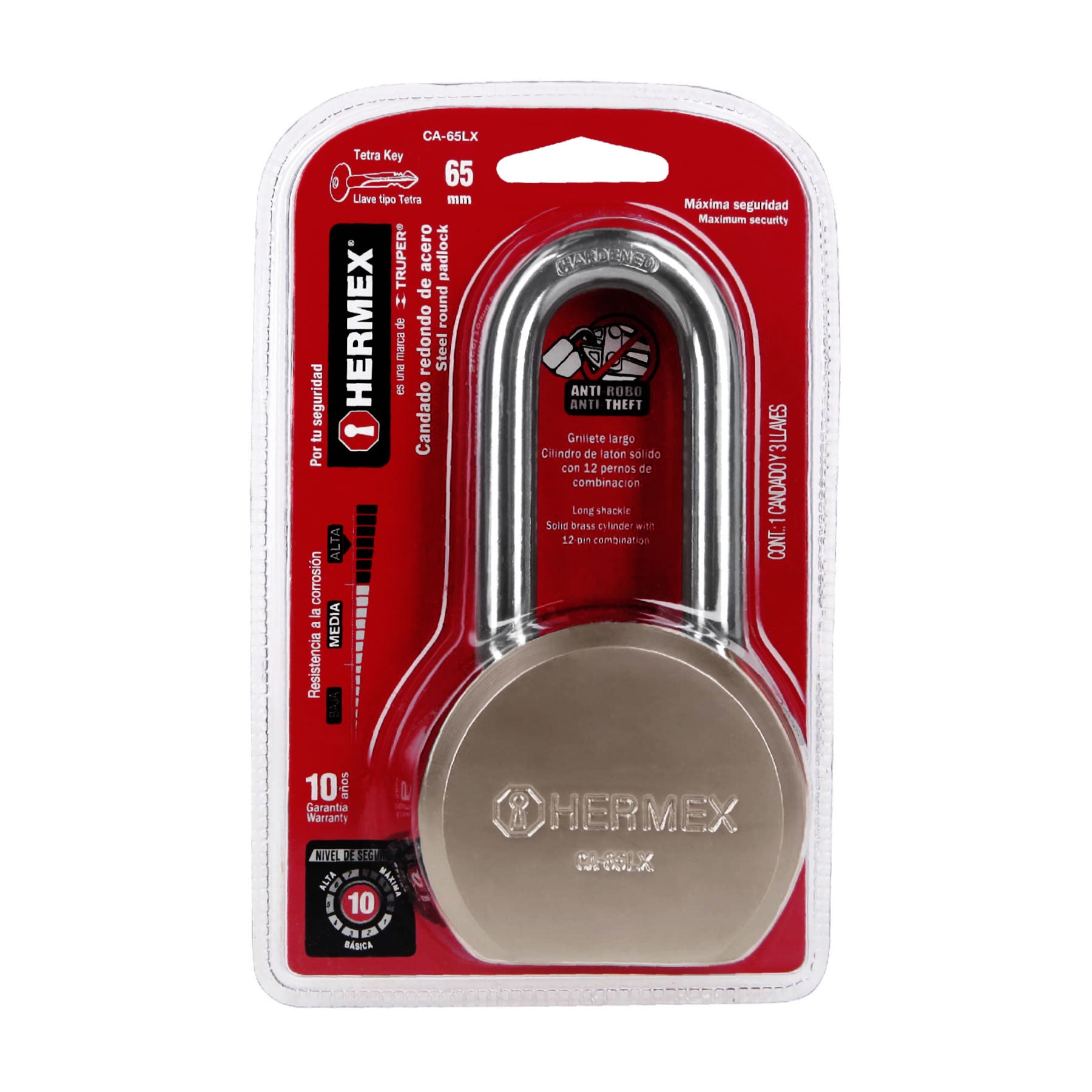 Candado redondo, 65 mm, gancho largo, llave tetra, blíster