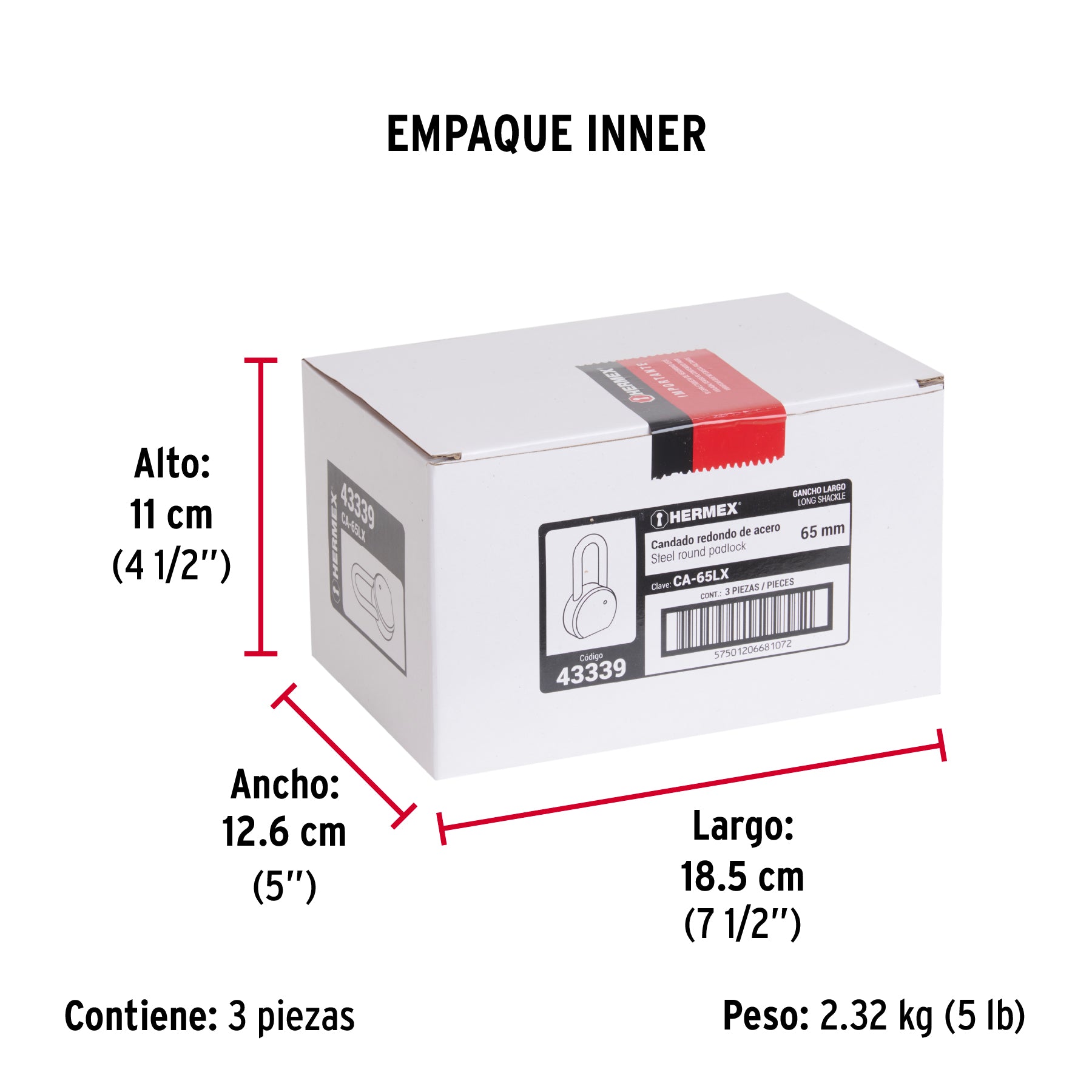 Candado redondo, 65 mm, gancho largo, llave tetra, blíster - Empaque