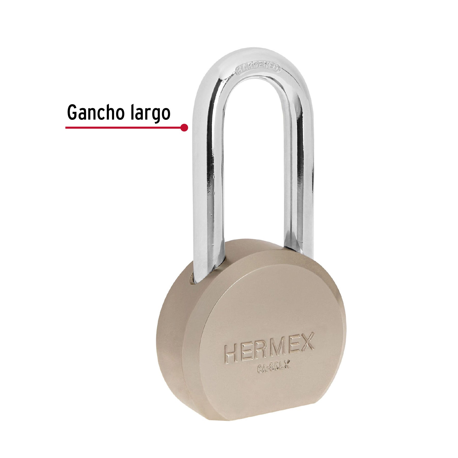 Candado redondo, 65 mm, gancho largo, llave tetra, blíster