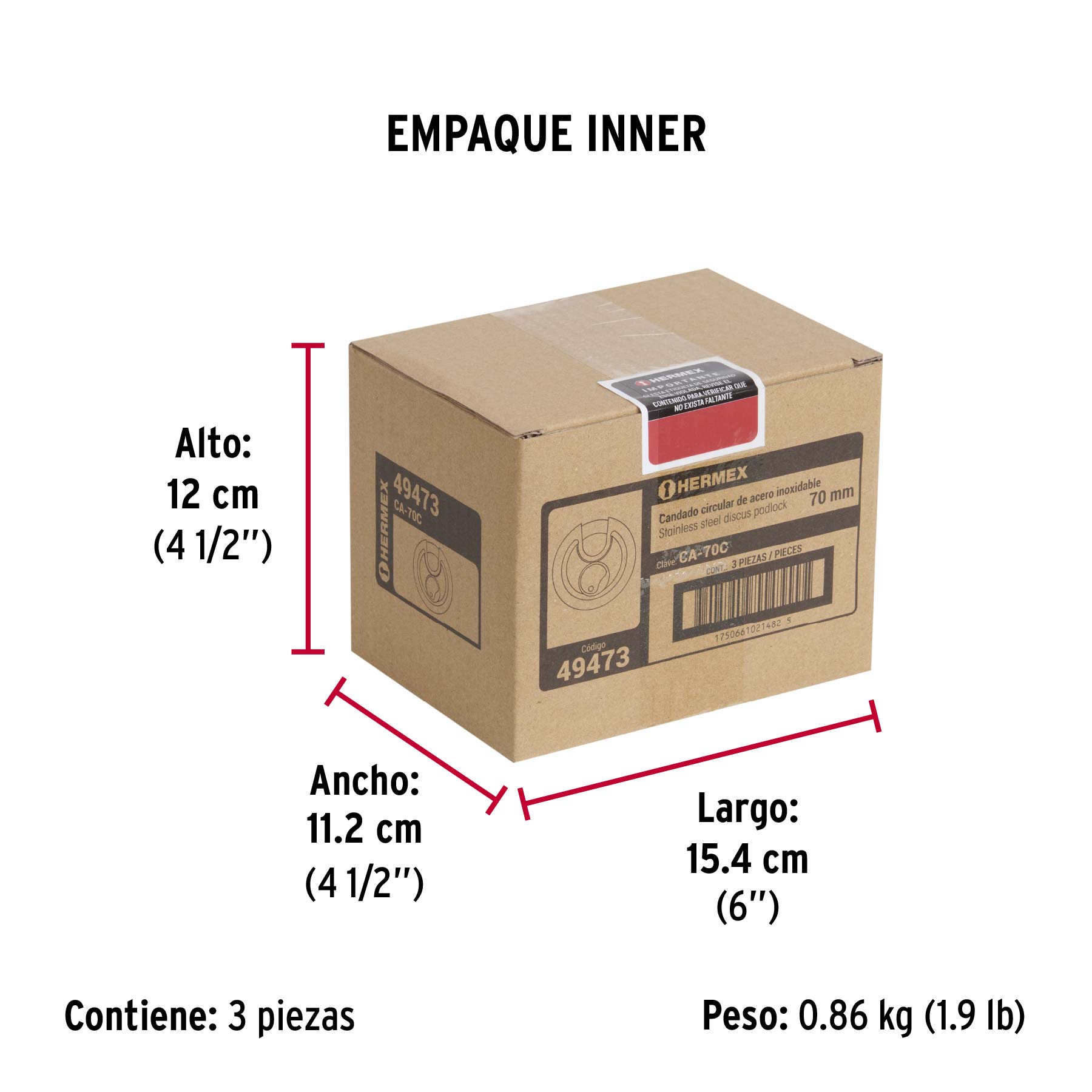 Candado circular acero inox, cilindro latón, 70 mm - Empaque