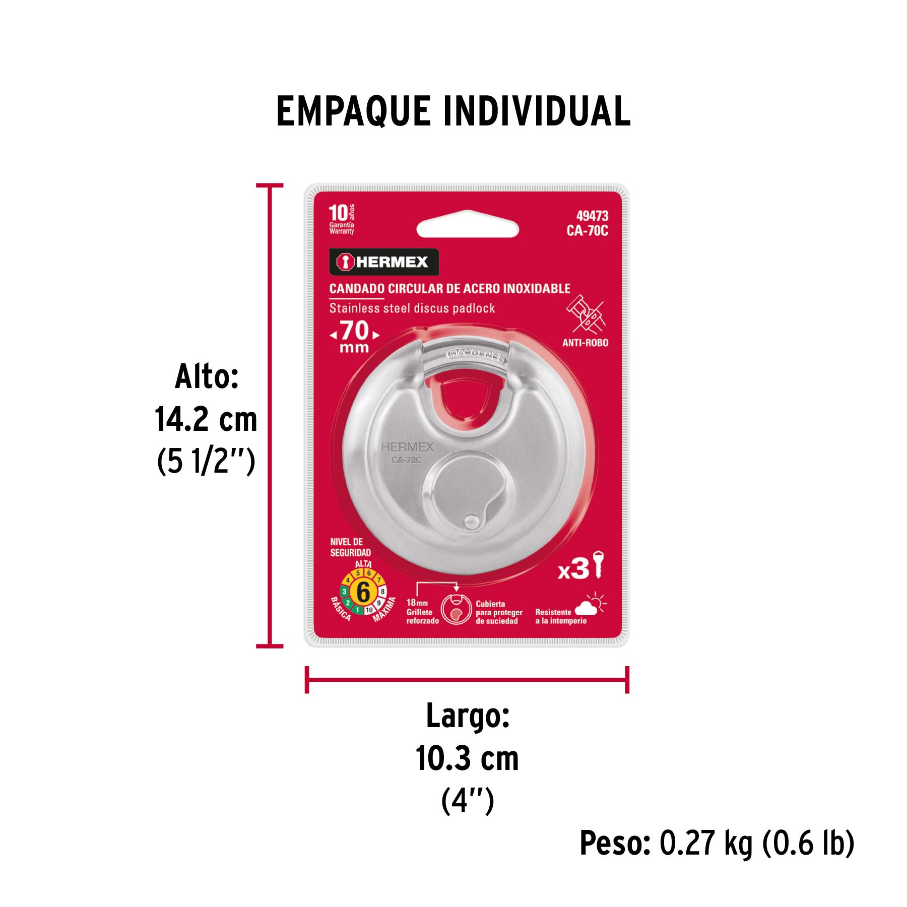 Candado circular acero inox, cilindro latón, 70 mm - Empaque