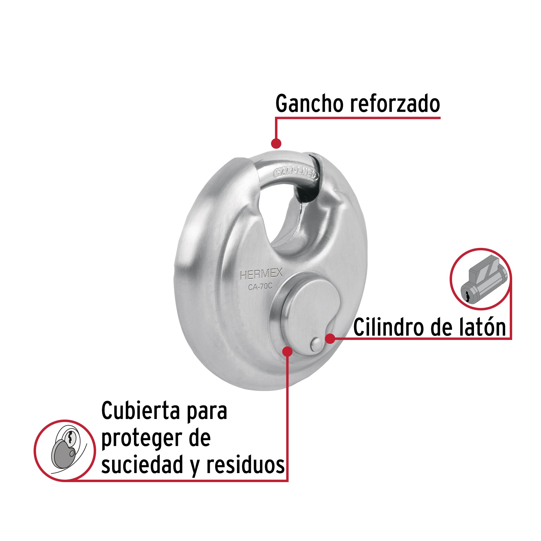 Candado circular acero inox, cilindro latón, 70 mm