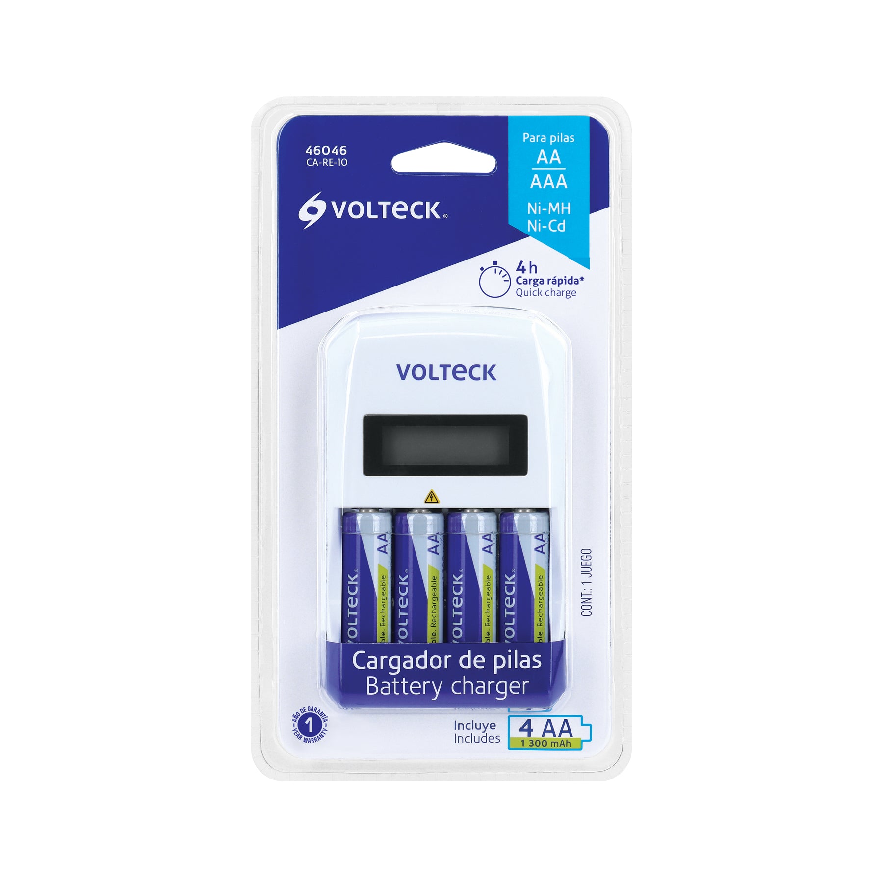 Cargador de pilas, AA, AAA, incluye 4 pilas AA, VOLTECK