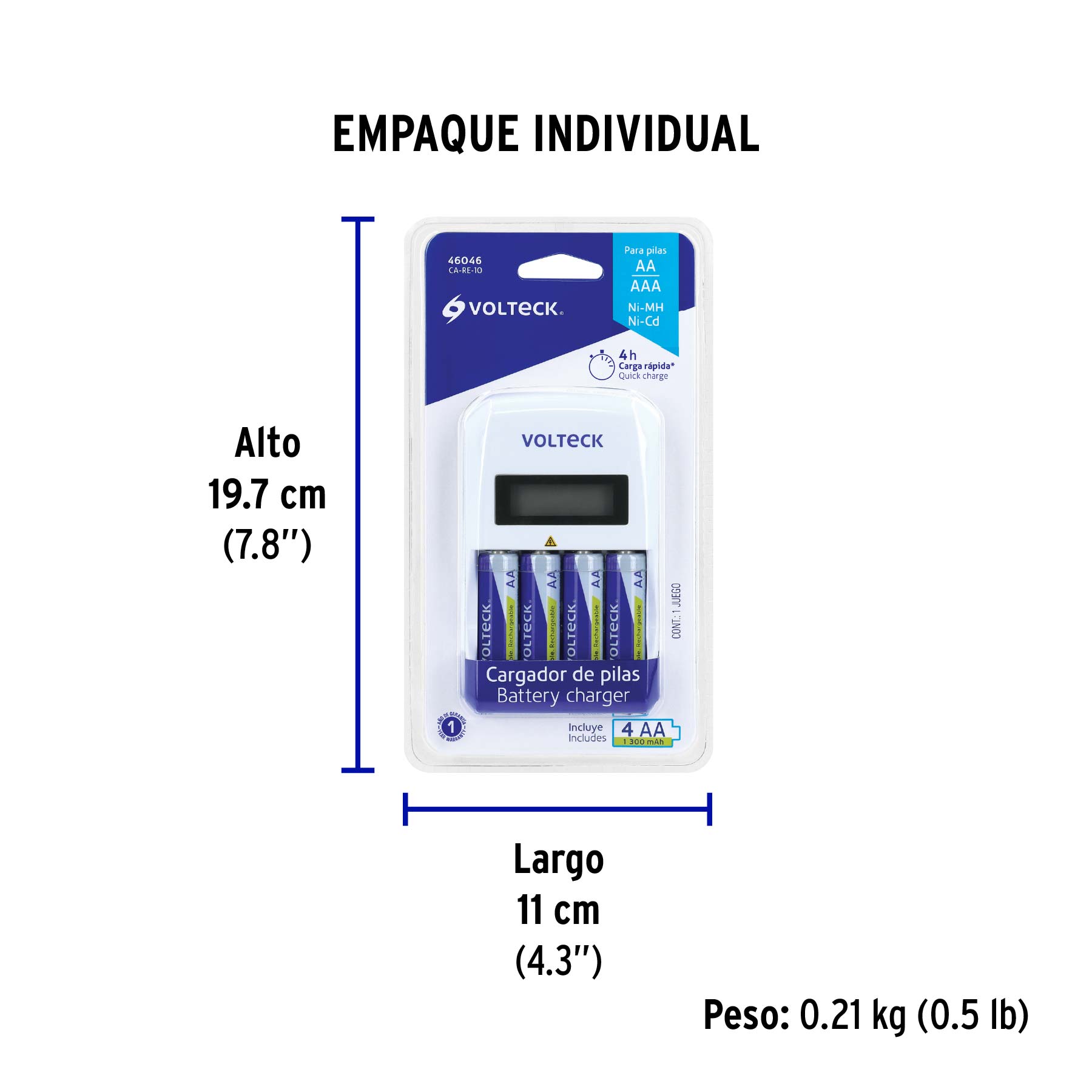Cargador de pilas, AA, AAA, incluye 4 pilas AA, VOLTECK - Empaque