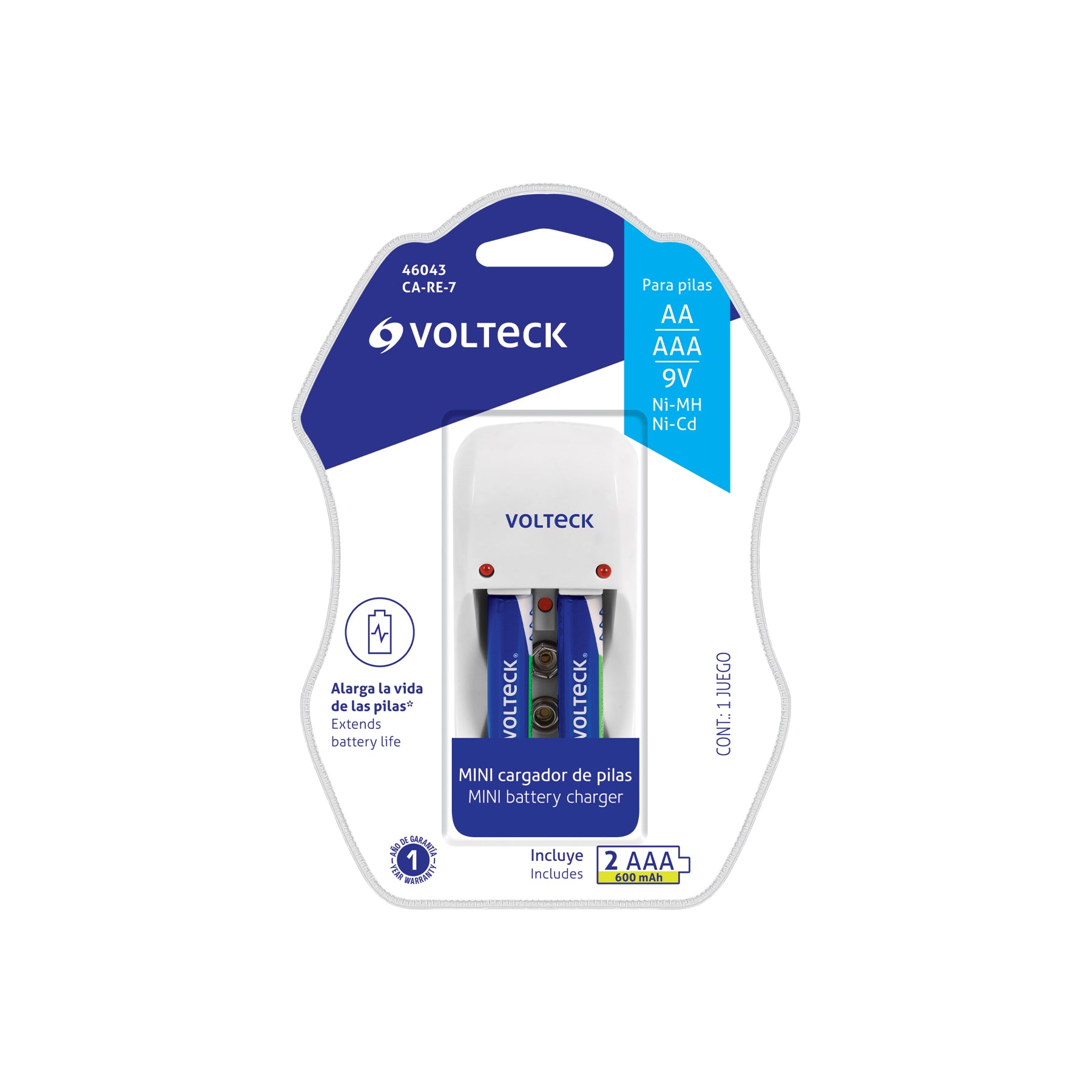 Cargador de pilas, AA, AAA y 9V incluye 2 pilas AAA, VOLTECK